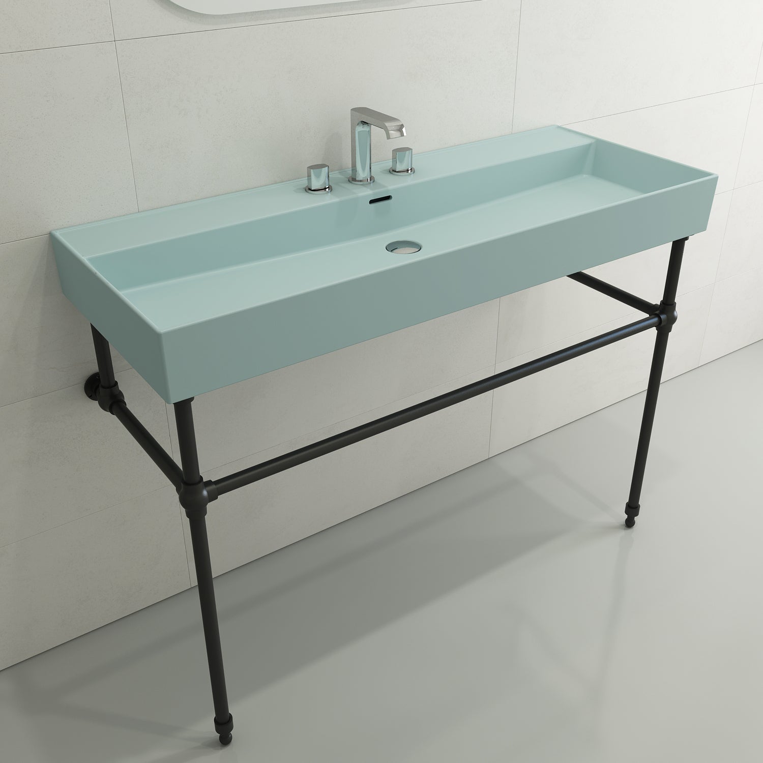 Alternate Image for BOCCHI Milano 48" Rectangle Wallmount Fireclay Bathroom Sink, Matte Ice Blue, 3 Faucet Hole, 1394-029-0127