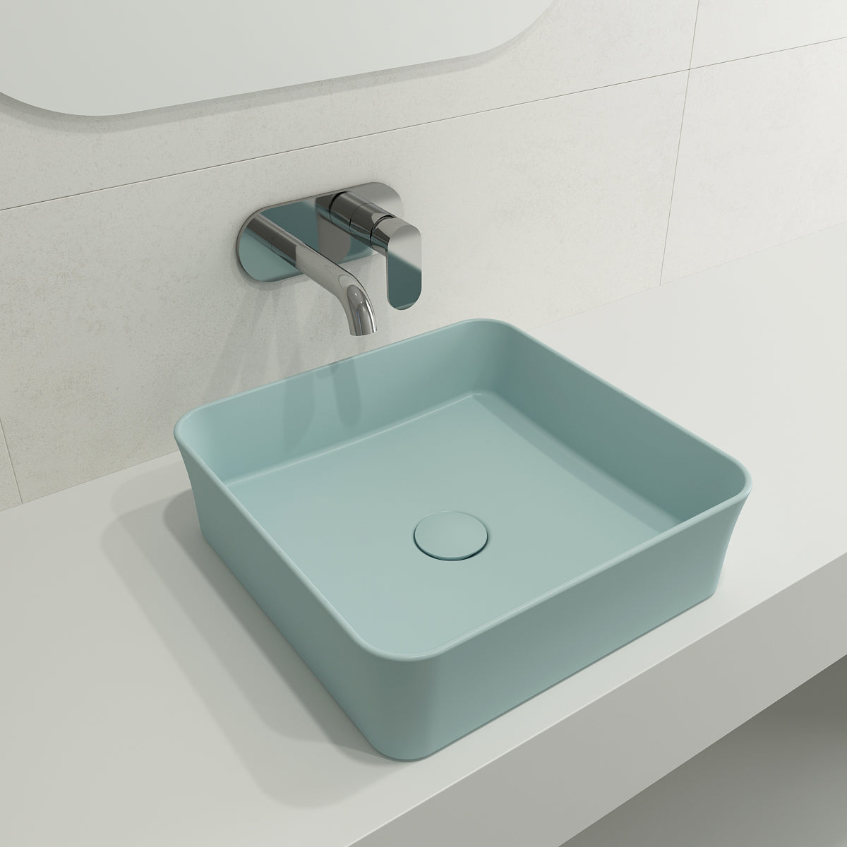 BOCCHI Sottile 15" Square Vessel Fireclay Bathroom Sink, Matte Ice Blue, 1477-029-0125