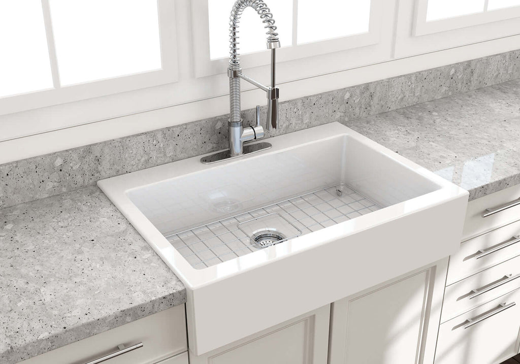 BOCCHI Nuova 34" Fireclay Retrofit Drop-In Farmhouse Sink with Accessories, White, 1500-001-0127