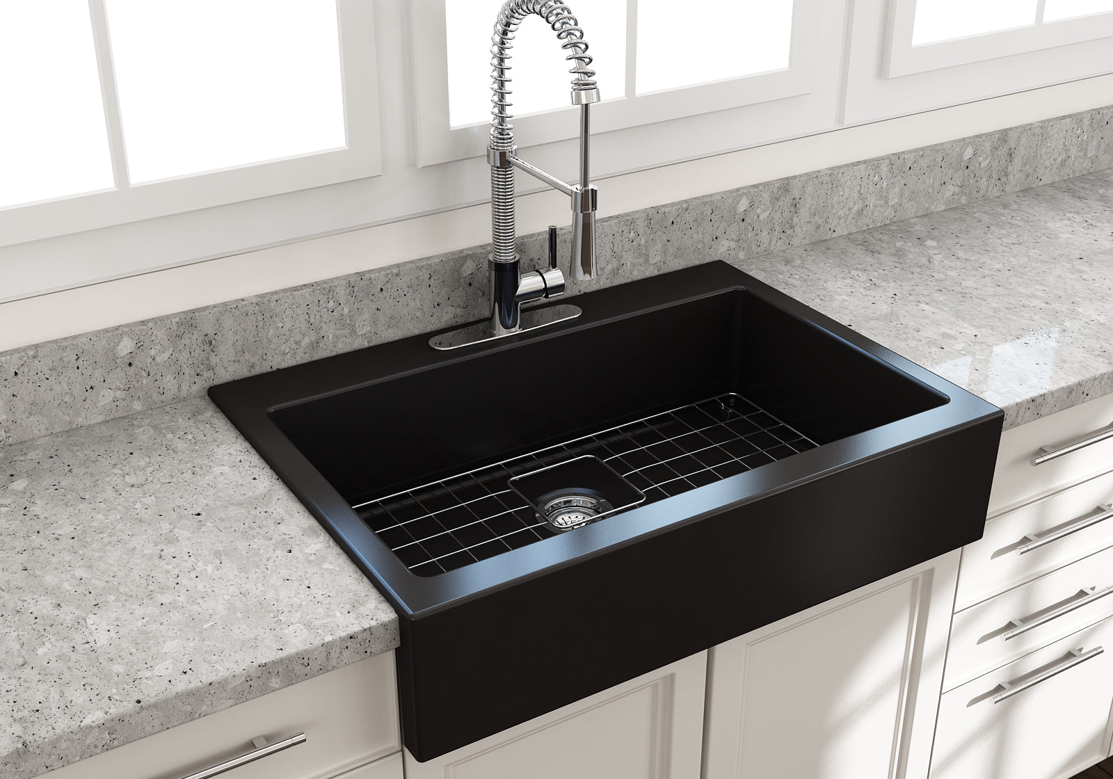 BOCCHI Nuova 34" Fireclay Retrofit Drop-In Farmhouse Sink with Accessories, Matte Black, 1500-004-0127