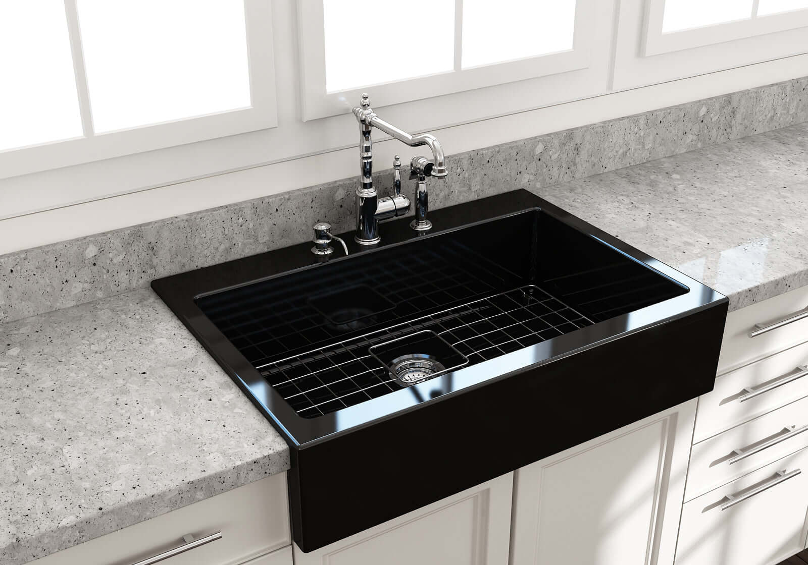 BOCCHI Nuova 34" Fireclay Retrofit Drop-In Farmhouse Sink with Accessories, Black, 1500-005-0127