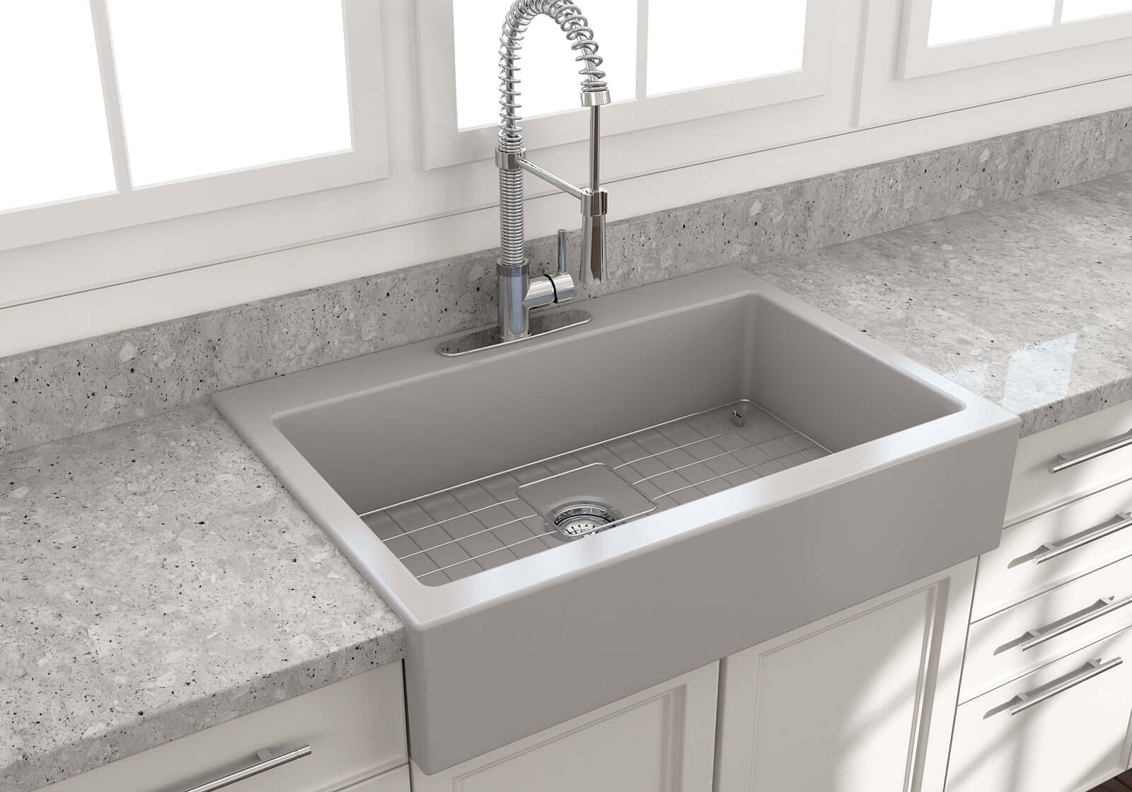 BOCCHI Nuova 34" Fireclay Retrofit Drop-In Farmhouse Sink with Accessories, Matte Gray, 1500-006-0127