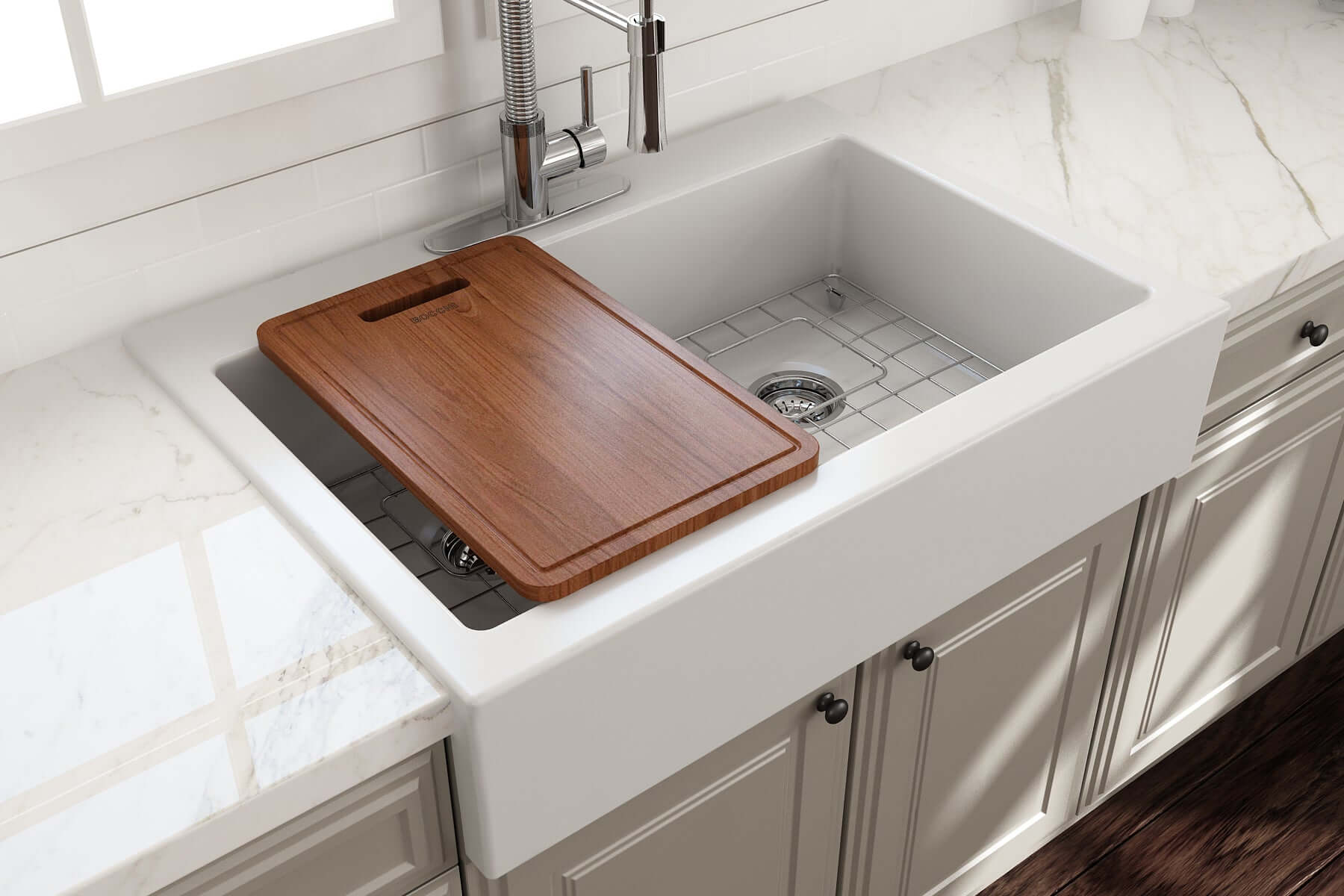Alternate Image for BOCCHI Wooden Cutting Board with handle, Sapele Mahogany Wood, Compatible with 1500, 1501, 1551, and 1604 sinks, 2320 0004