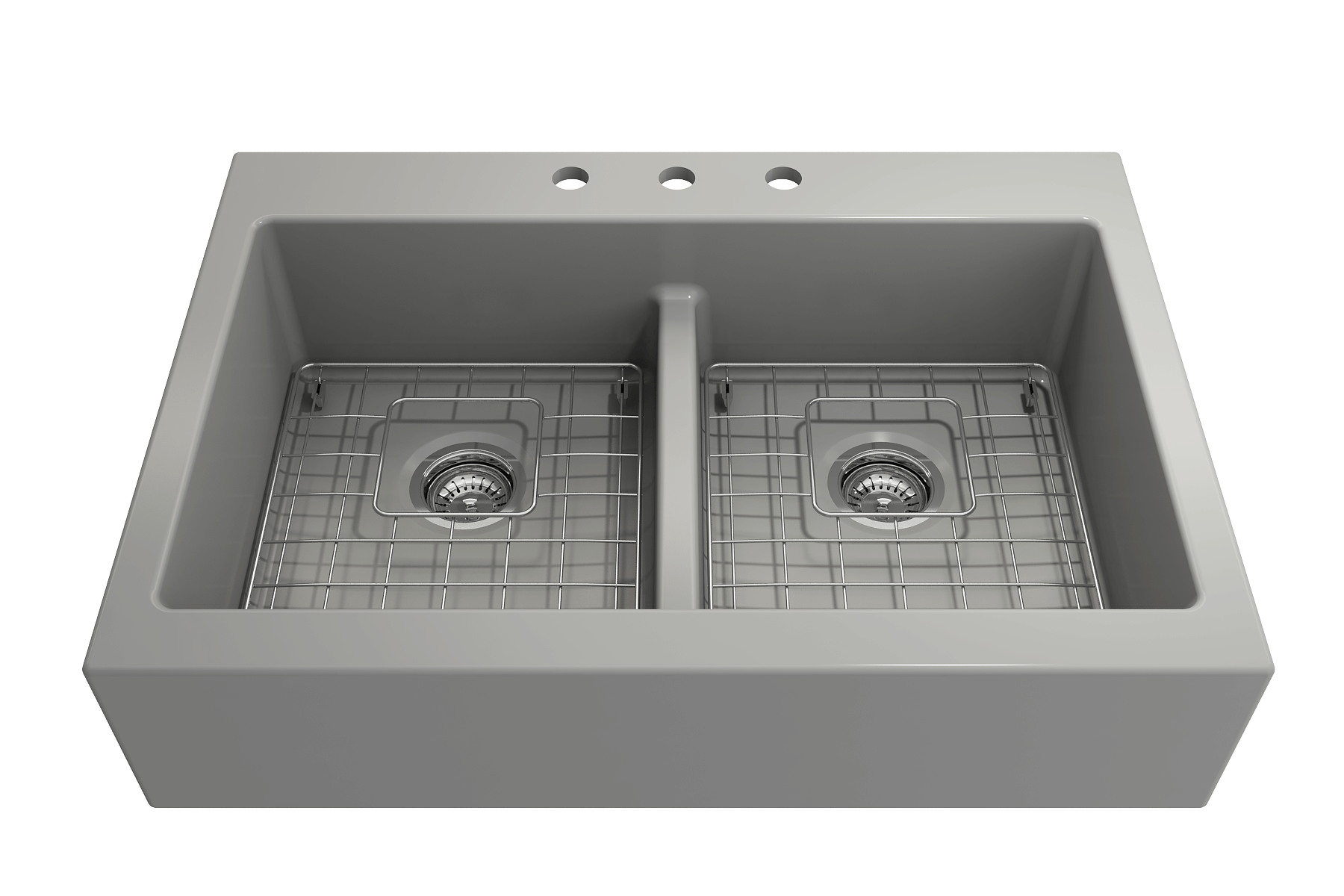 Alternate Image for BOCCHI Nuova 34" Fireclay Retrofit Drop-In Farmhouse Sink with Accessories, 50/50 Double Bowl, Matte Gray, 1501-006-0127