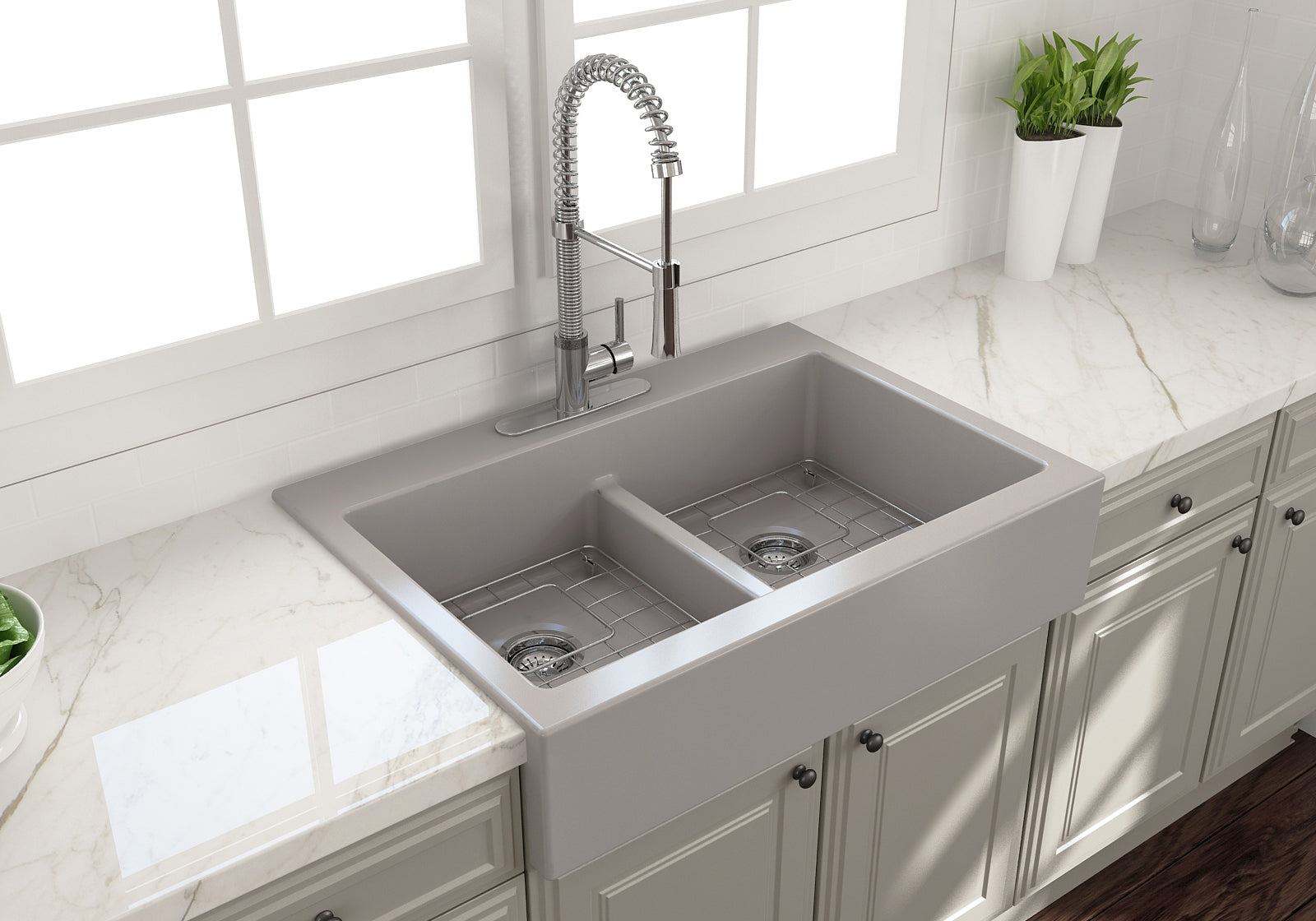 BOCCHI Nuova 34" Fireclay Retrofit Drop-In Farmhouse Sink with Accessories, 50/50 Double Bowl, Matte Gray, 1501-006-0127