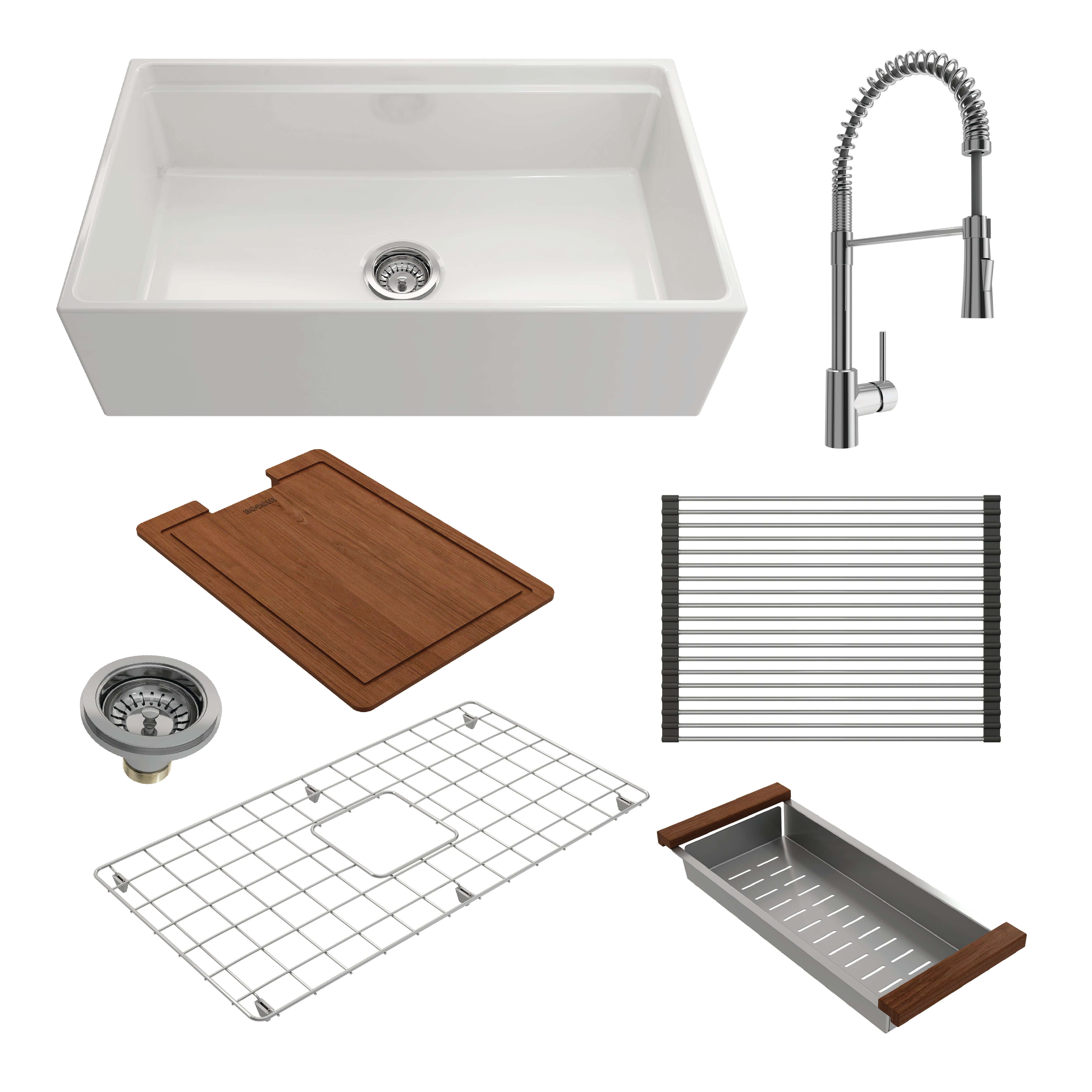BOCCHI Contempo 33" Fireclay Workstation Farmhouse Sink Kit with Faucet and Accessories, White (sink) / Chrome (faucet), 1504-001-2020CH