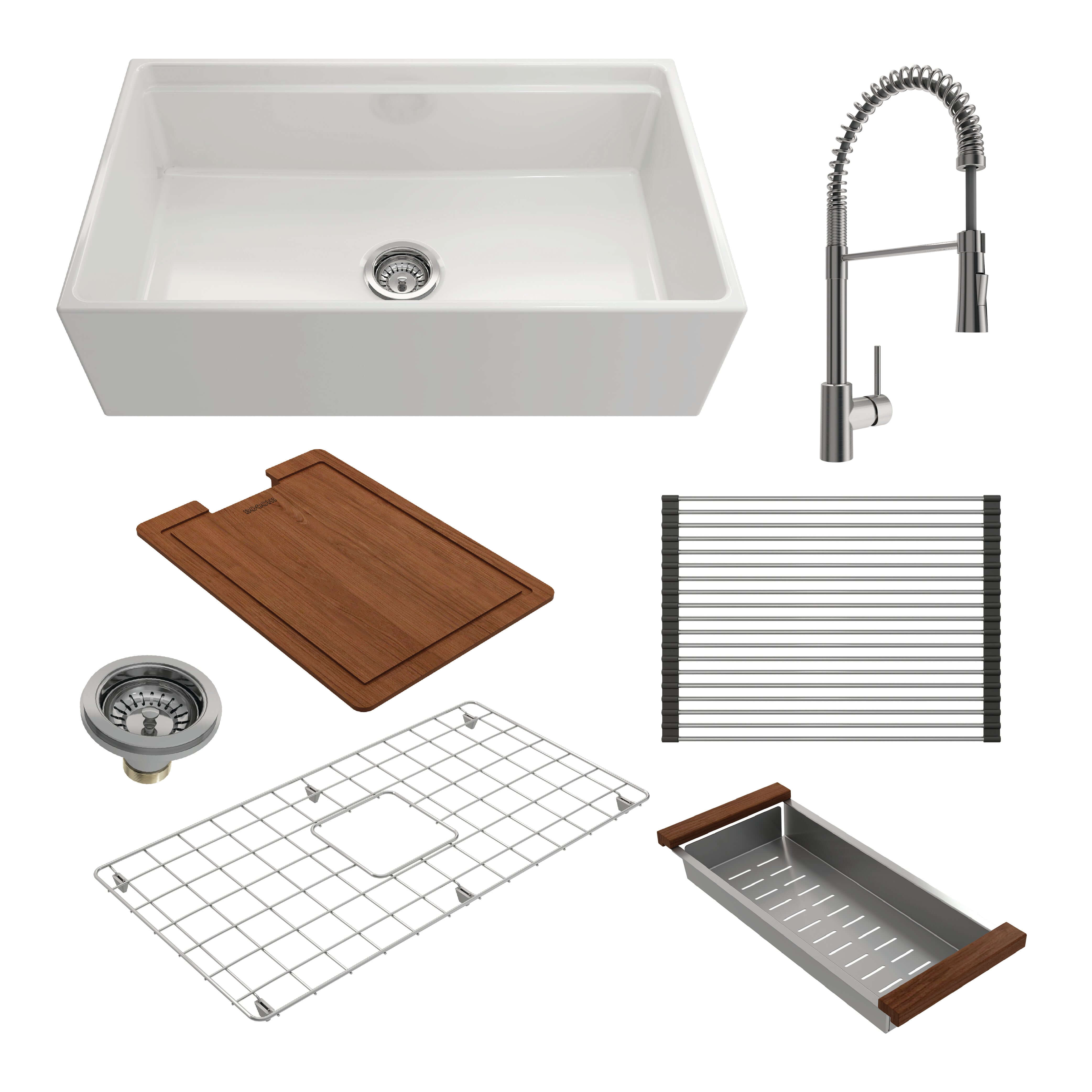 Alternate Image for BOCCHI Contempo 33" Fireclay Workstation Farmhouse Sink Kit with Faucet and Accessories, White (sink) / Stainless Steel (faucet), 1504-001-2020SS