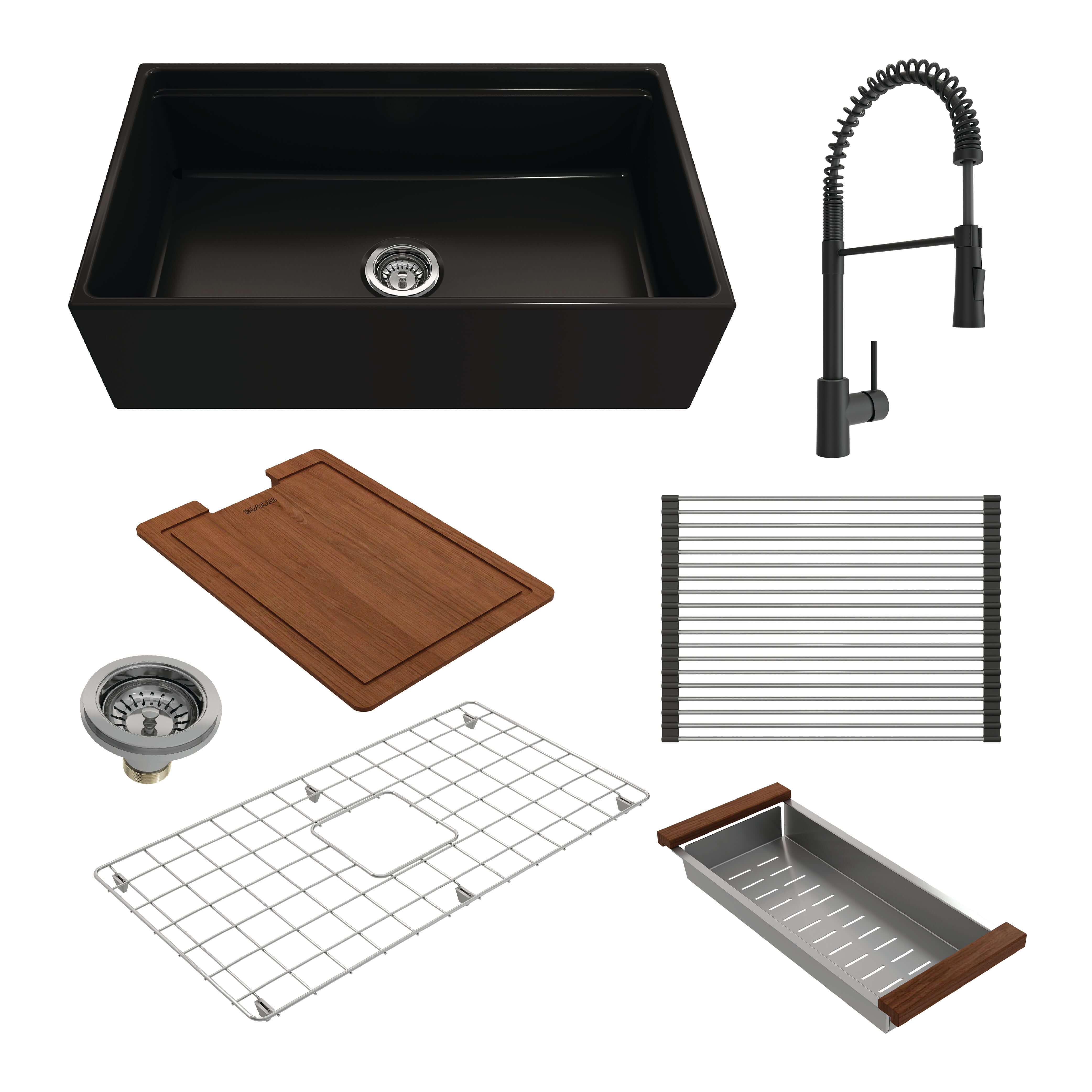 BOCCHI Contempo 33" Fireclay Workstation Farmhouse Sink Kit with Faucet and Accessories, Matte Black (sink) / Matte Black (faucet), 1504-004-2020MB