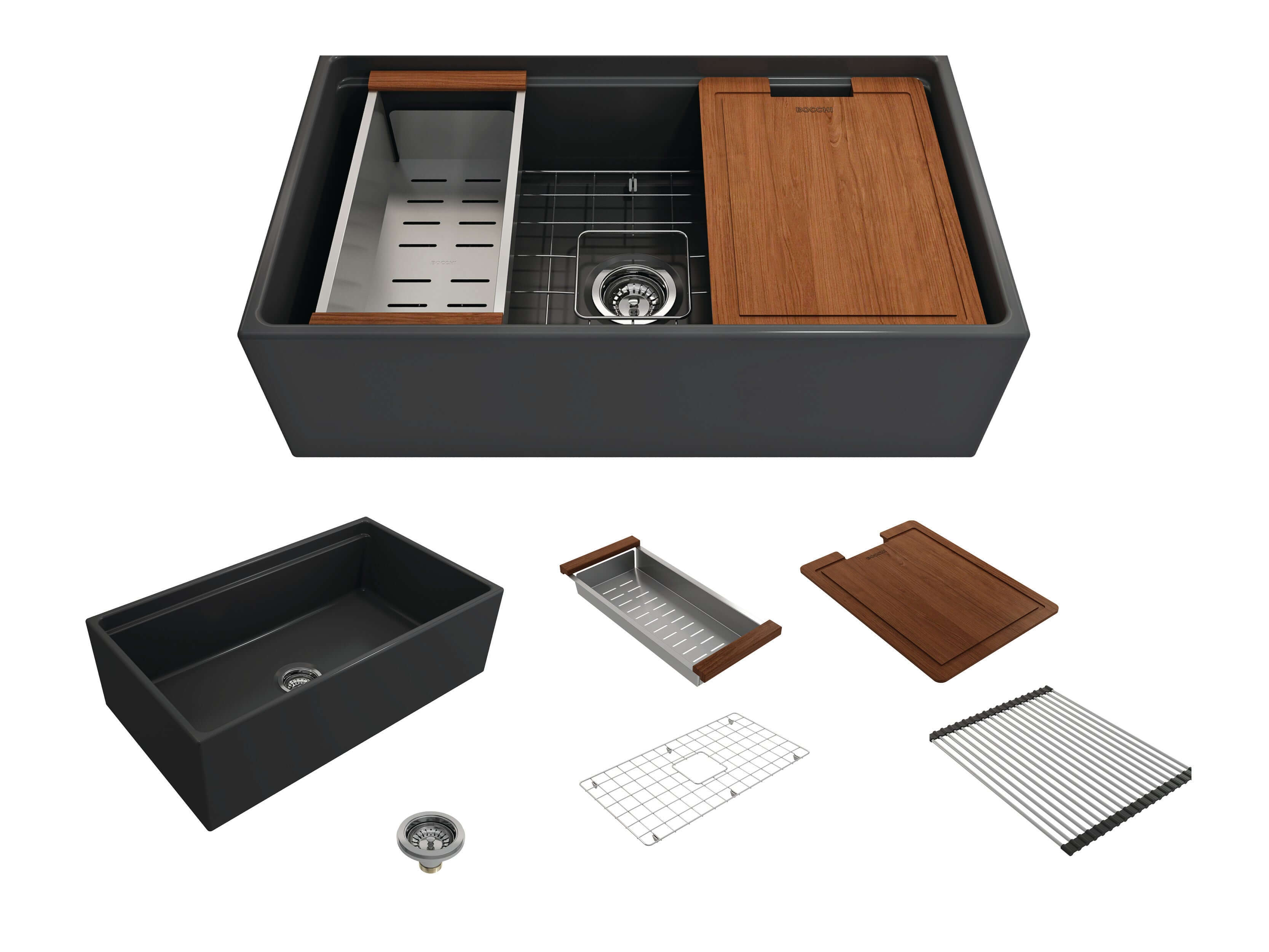 Alternate Image for BOCCHI Contempo 33" Fireclay Workstation Farmhouse Sink with Accessories, Matte Dark Gray, 1504-020-0120