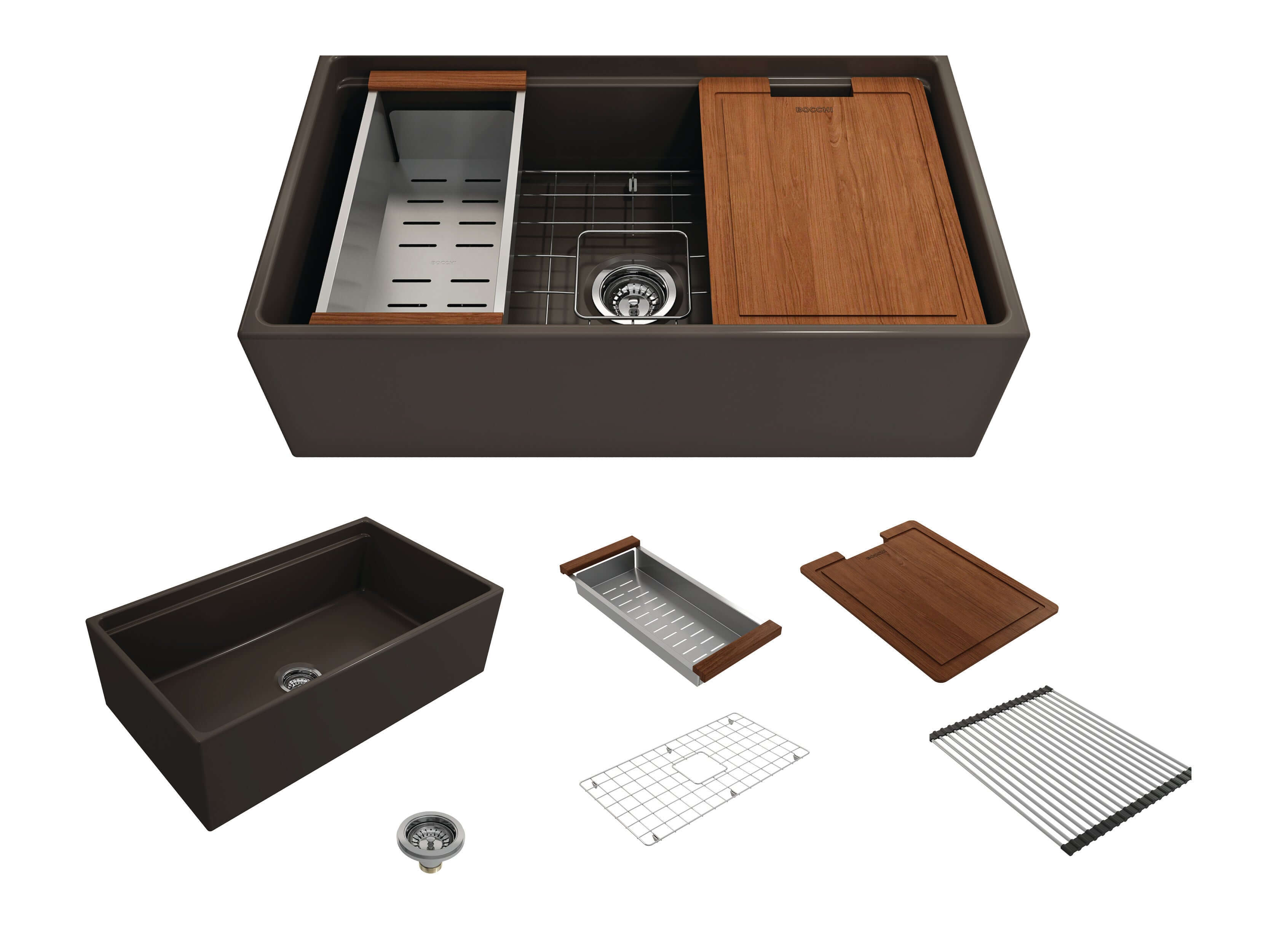 Alternate Image for BOCCHI Contempo 33" Fireclay Workstation Farmhouse Sink with Accessories, Matte Brown, 1504-025-0120