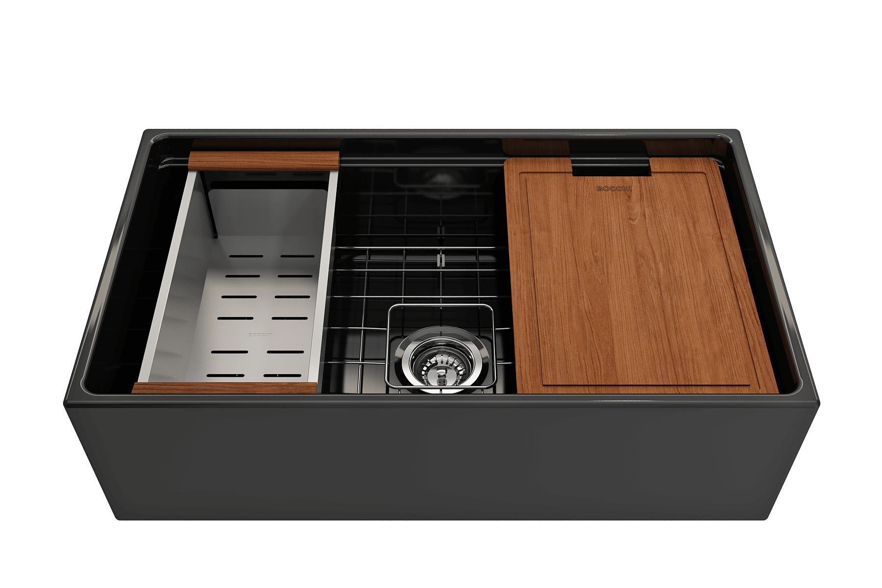 Alternate Image for BOCCHI Contempo 33" Fireclay Workstation Farmhouse Sink with Accessories, Black, 1504-005-0120