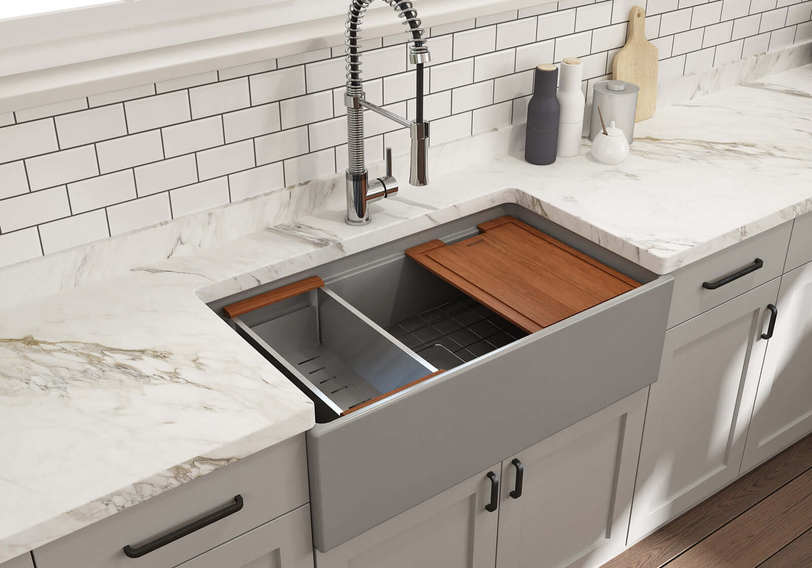 Alternate Image for BOCCHI Contempo 33" Fireclay Workstation Farmhouse Sink with Accessories, Matte Gray, 1504-006-0120
