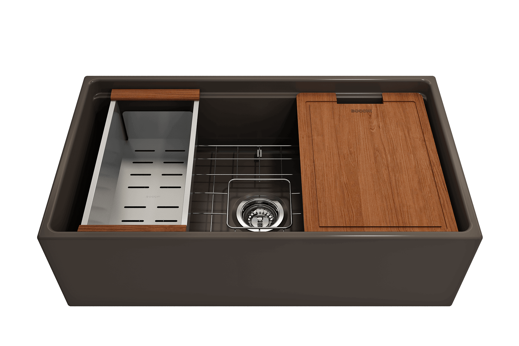 Alternate Image for BOCCHI Contempo 33" Fireclay Workstation Farmhouse Sink with Accessories, Matte Brown, 1504-025-0120
