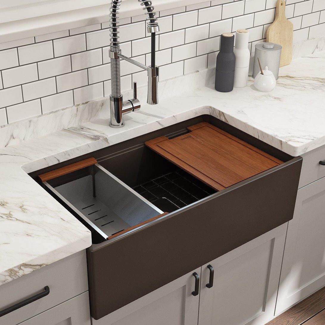 BOCCHI Contempo 33" Fireclay Workstation Farmhouse Sink with Accessories, Matte Brown, 1504-025-0120