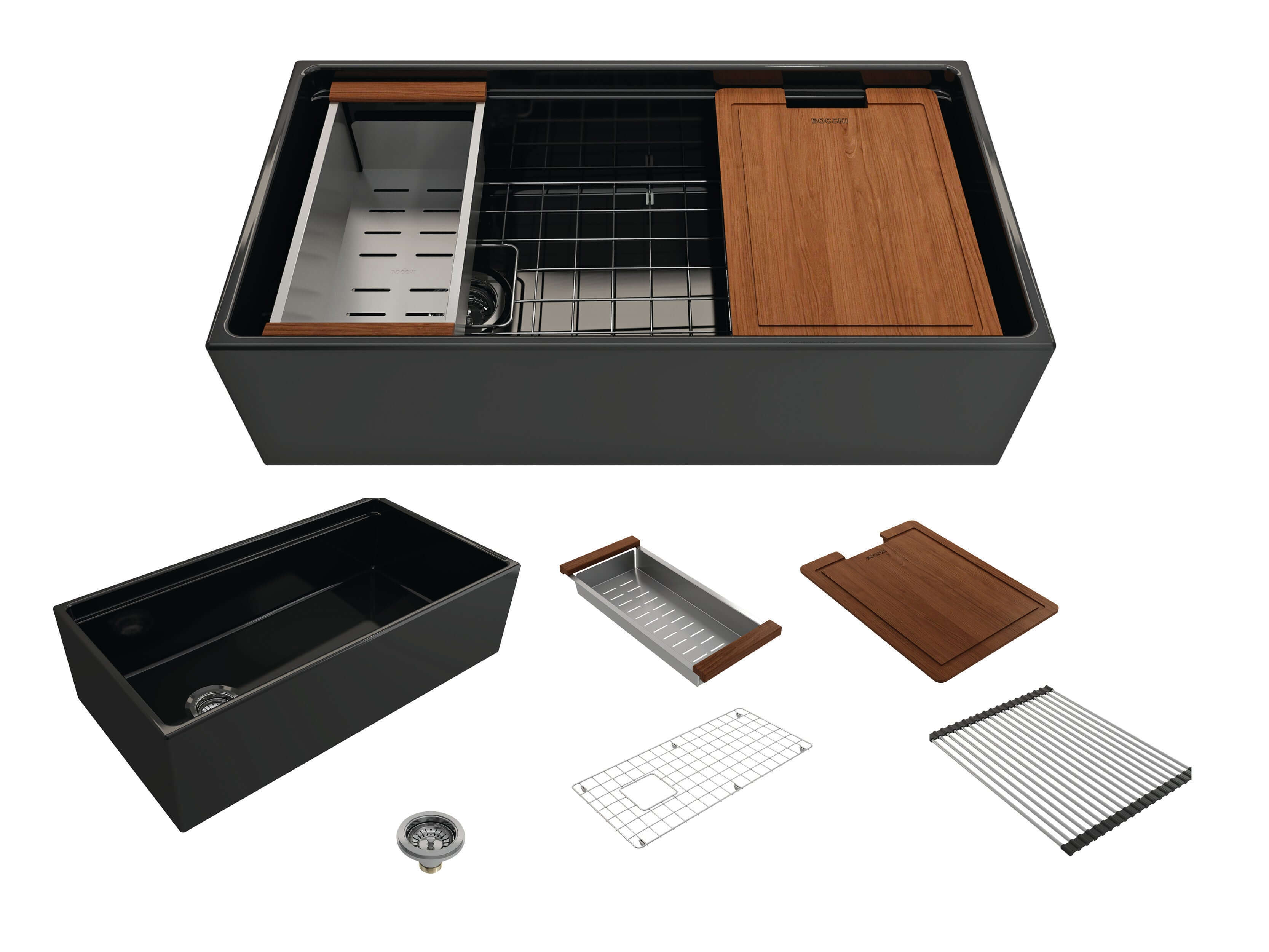 Alternate Image for BOCCHI Contempo 36" Fireclay Workstation Farmhouse Sink with Accessories, Black, 1505-005-0120