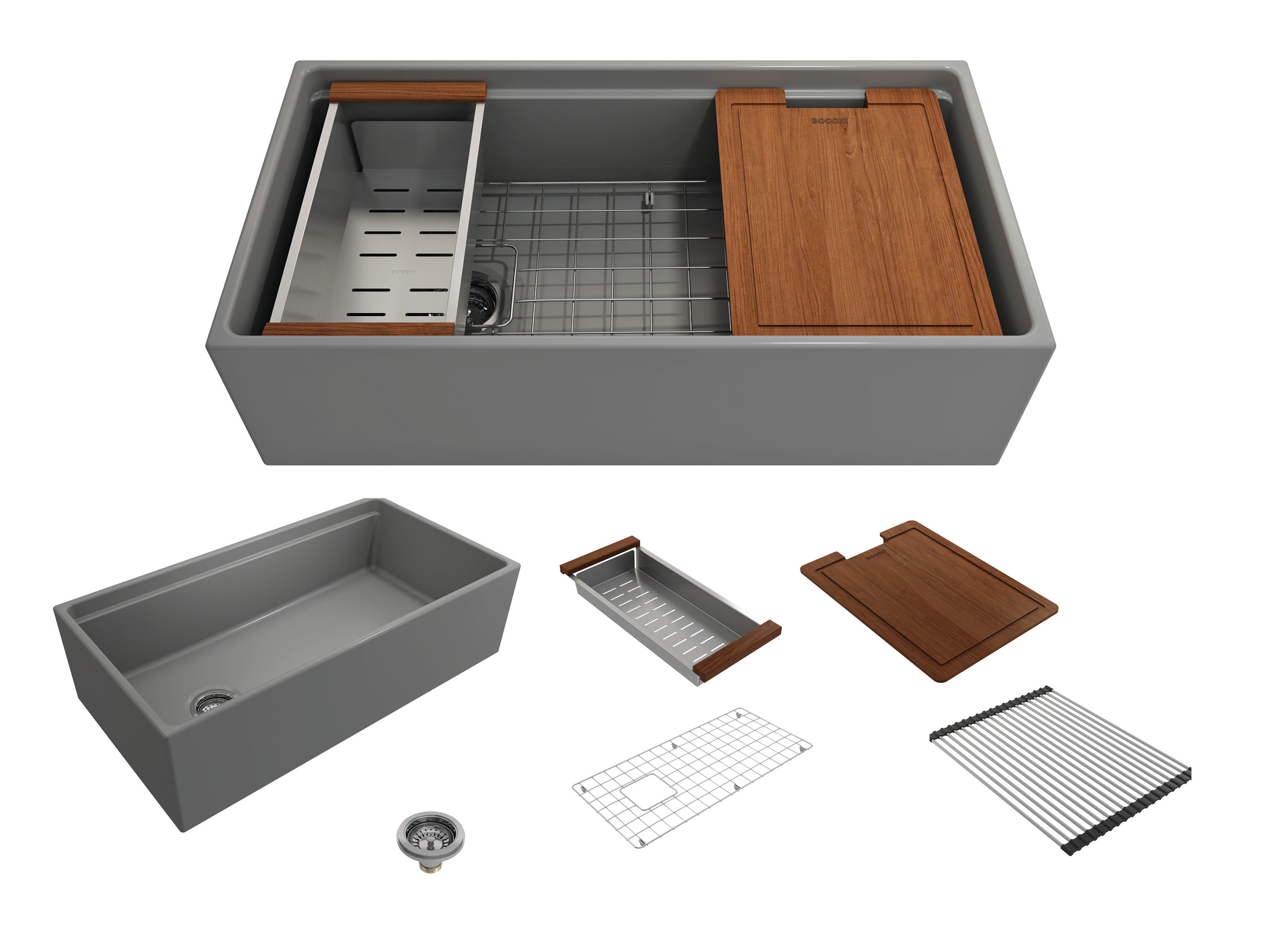 BOCCHI Contempo 36" Fireclay Workstation Farmhouse Sink with Accessories, Matte Gray, 1505-006-0120