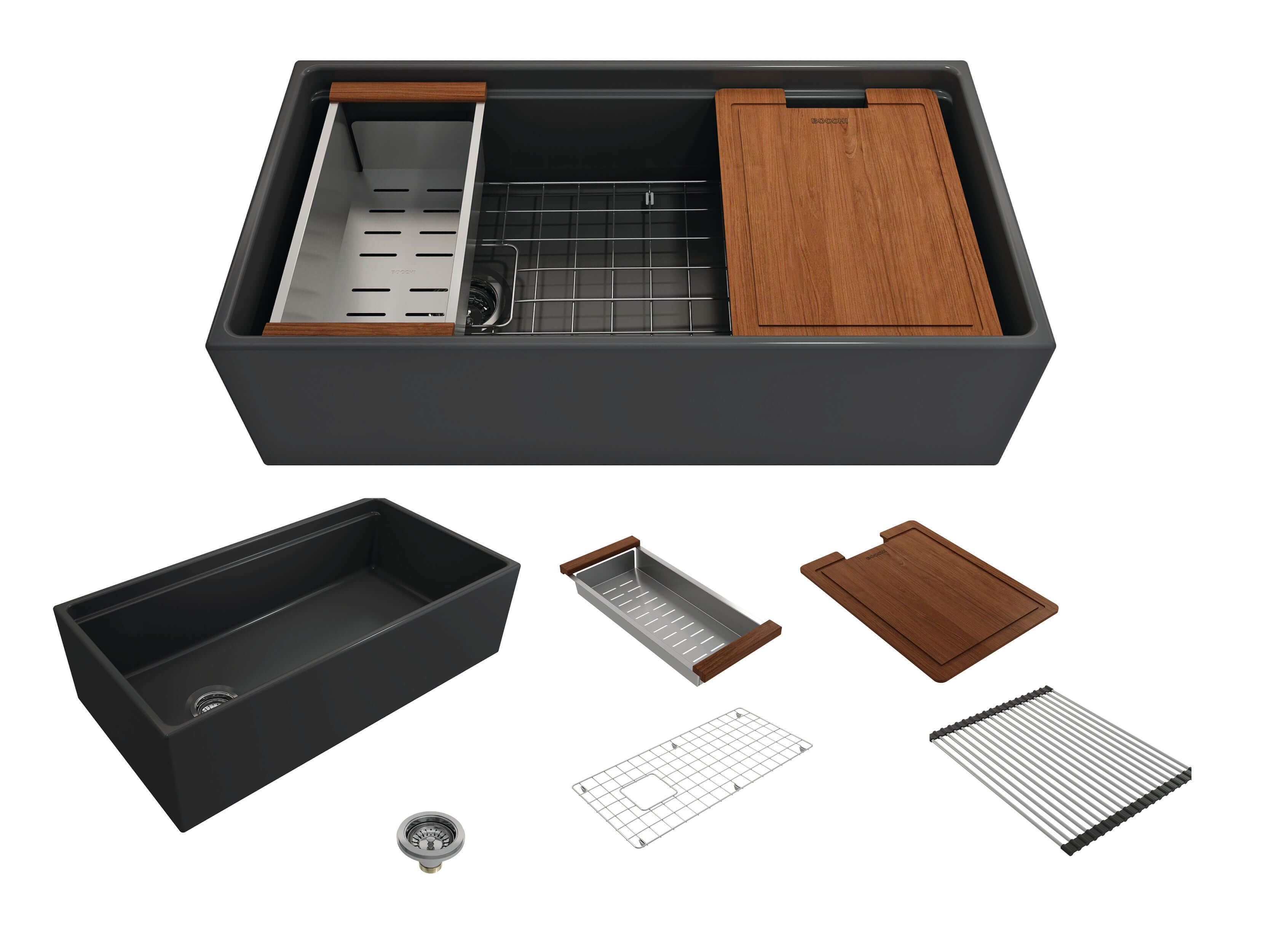 Alternate Image for BOCCHI Contempo 36" Fireclay Workstation Farmhouse Sink with Accessories, Matte Dark Gray, 1505-020-0120