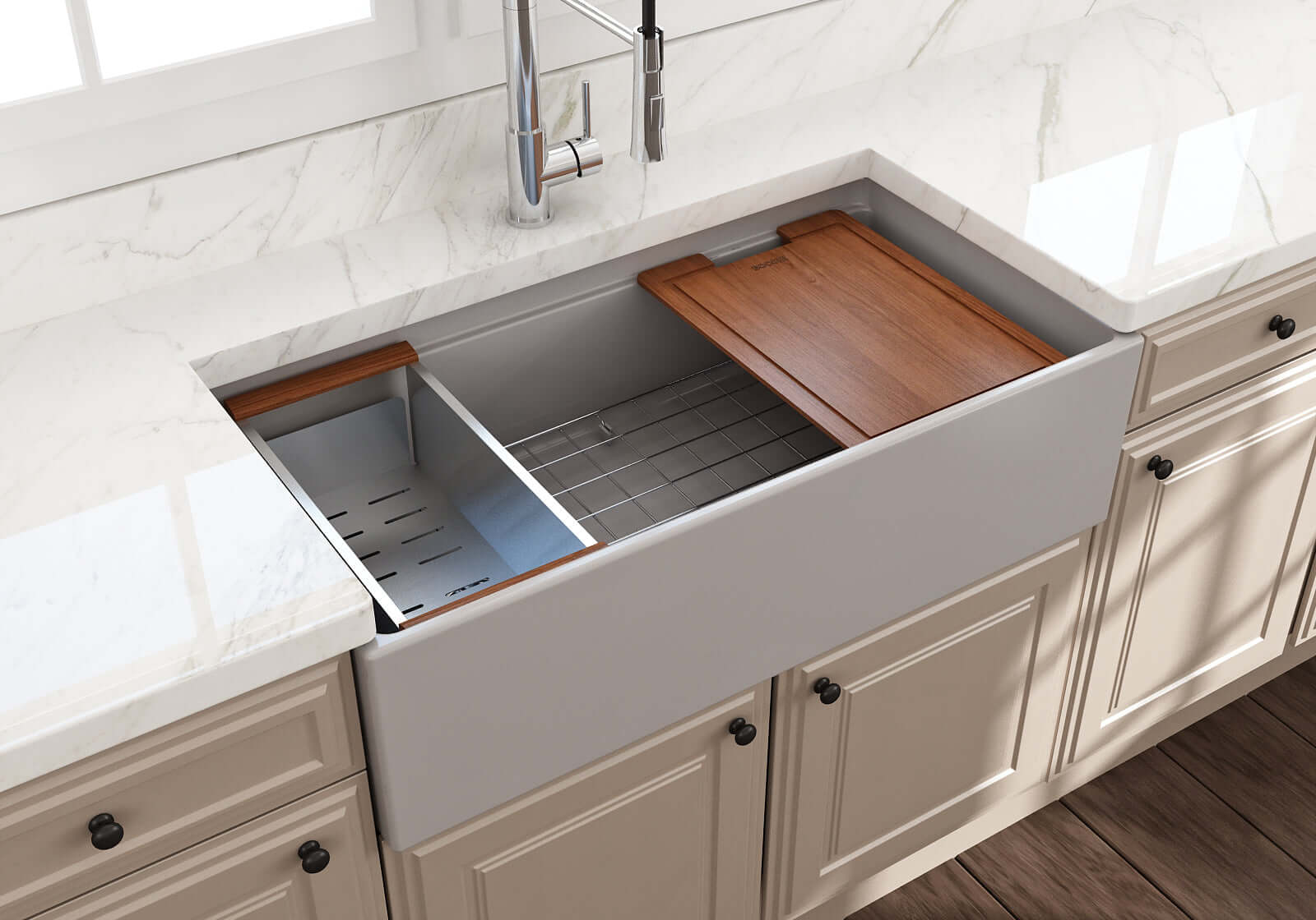 Alternate Image for BOCCHI Contempo 36" Fireclay Workstation Farmhouse Sink with Accessories, Matte Gray, 1505-006-0120