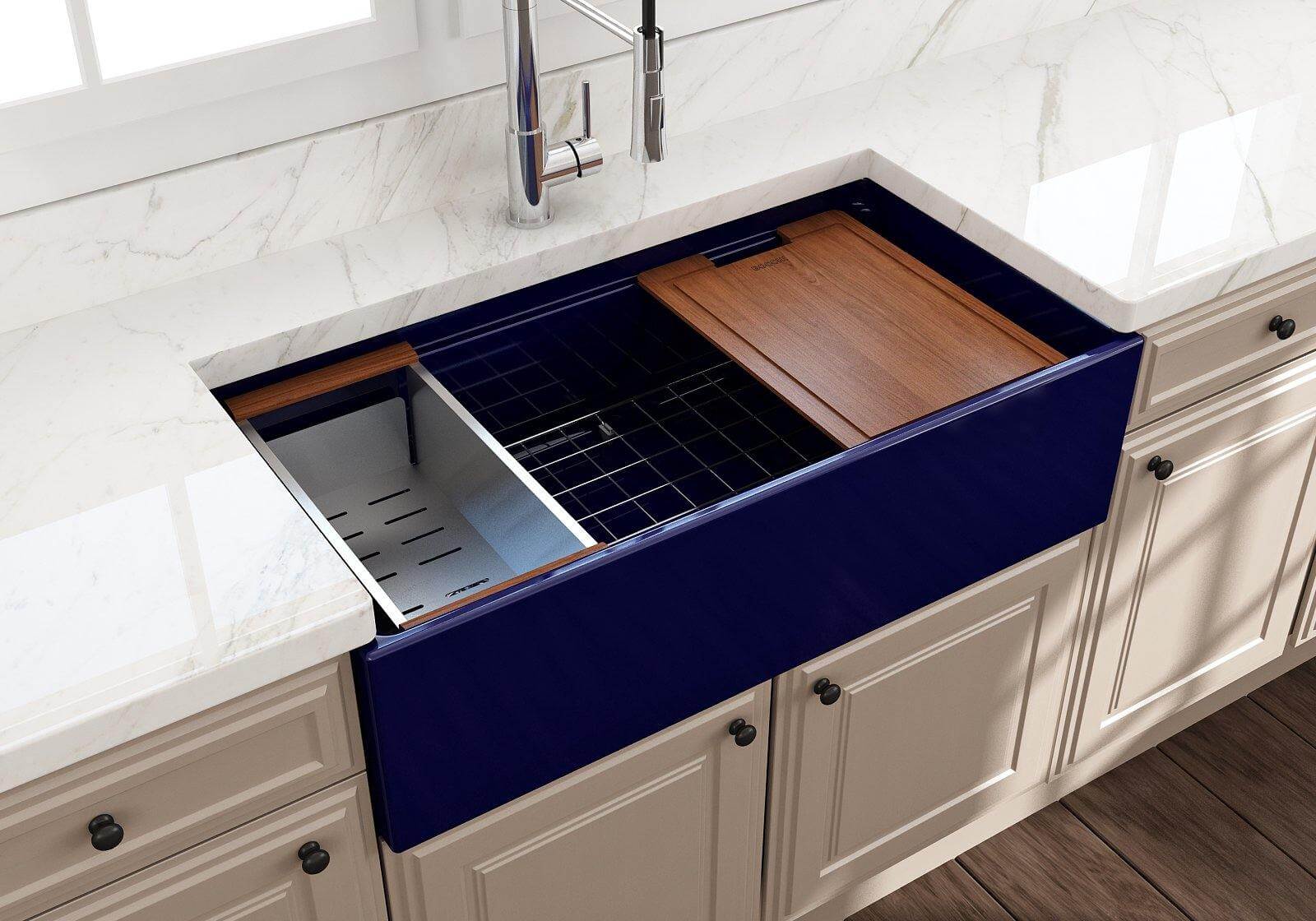 Alternate Image for BOCCHI Contempo 36" Fireclay Workstation Farmhouse Sink with Accessories, Sapphire Blue, 1505-010-0120
