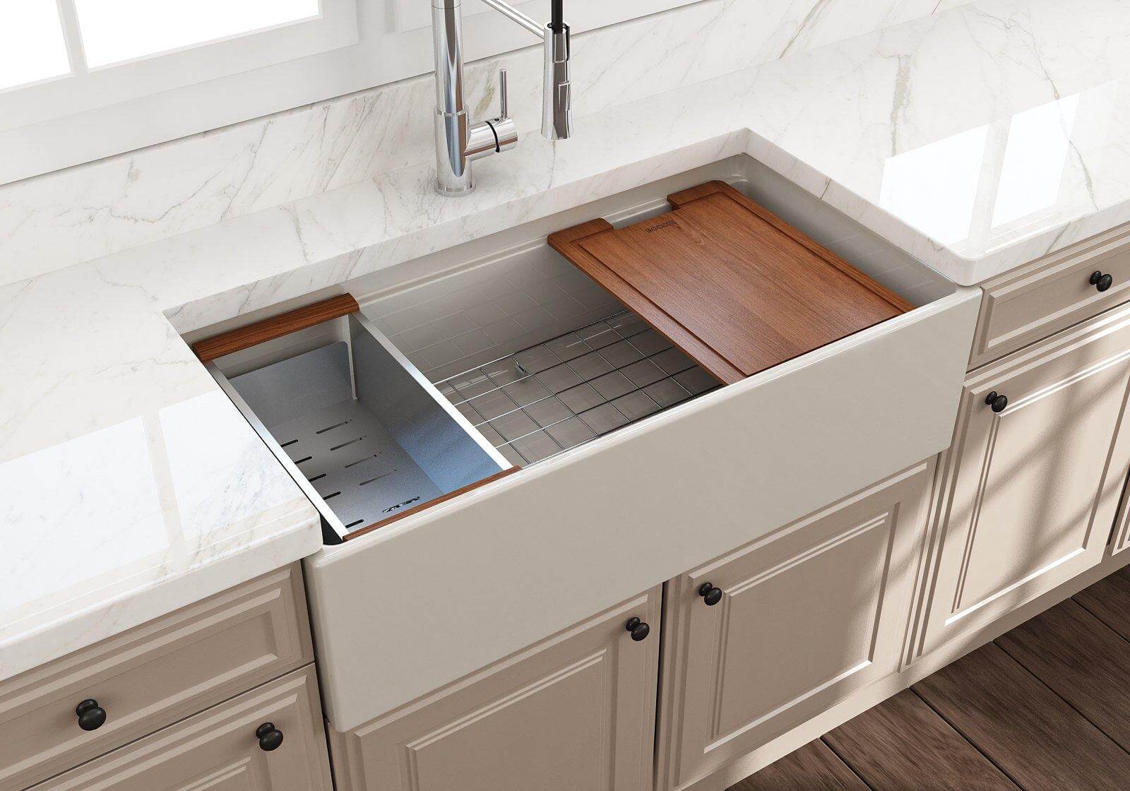 Alternate Image for BOCCHI Contempo 36" Fireclay Workstation Farmhouse Sink with Accessories, Biscuit, 1505-014-0120