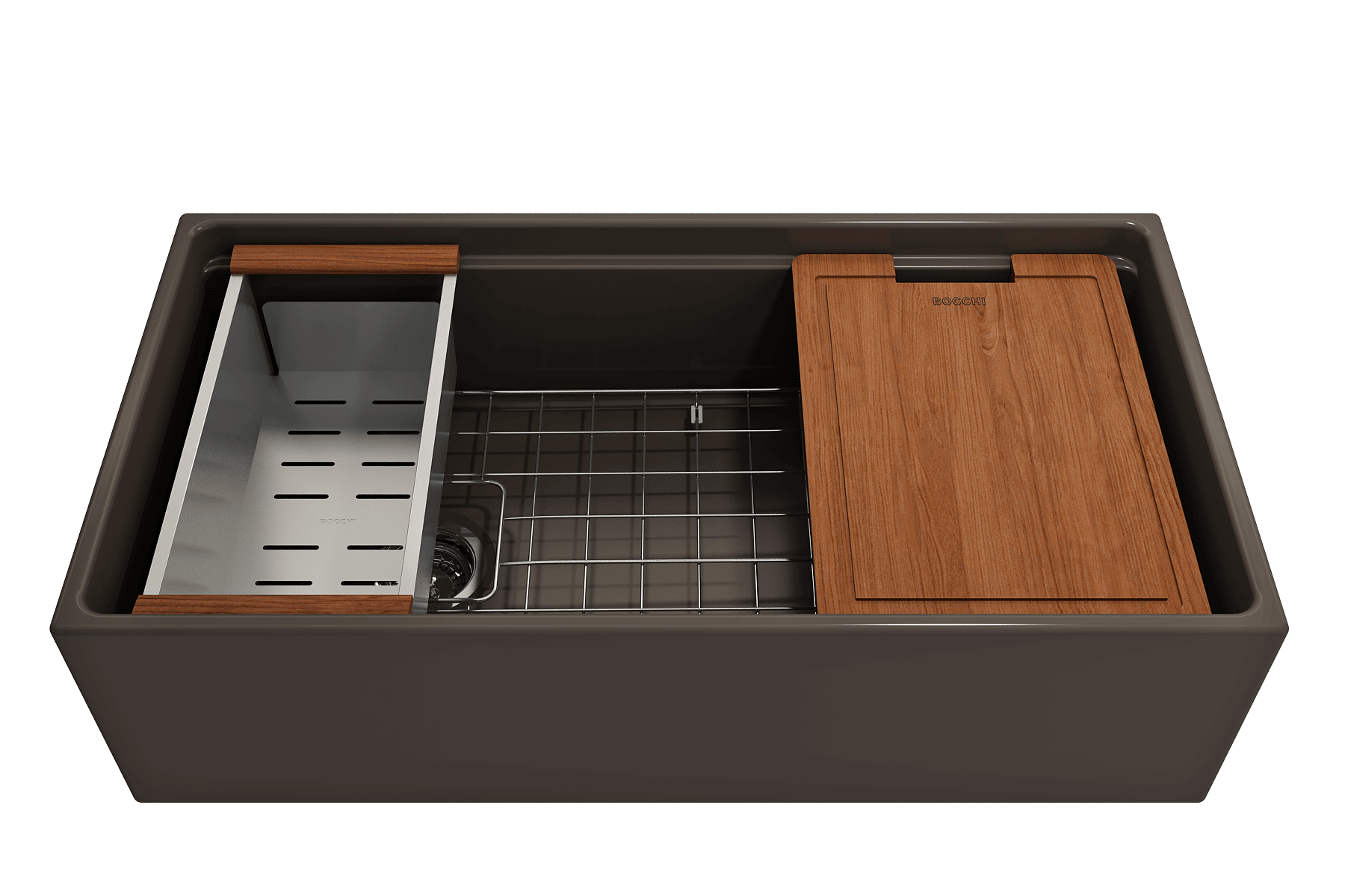 Alternate Image for BOCCHI Contempo 36" Fireclay Workstation Farmhouse Sink with Accessories, Matte Brown, 1505-025-0120