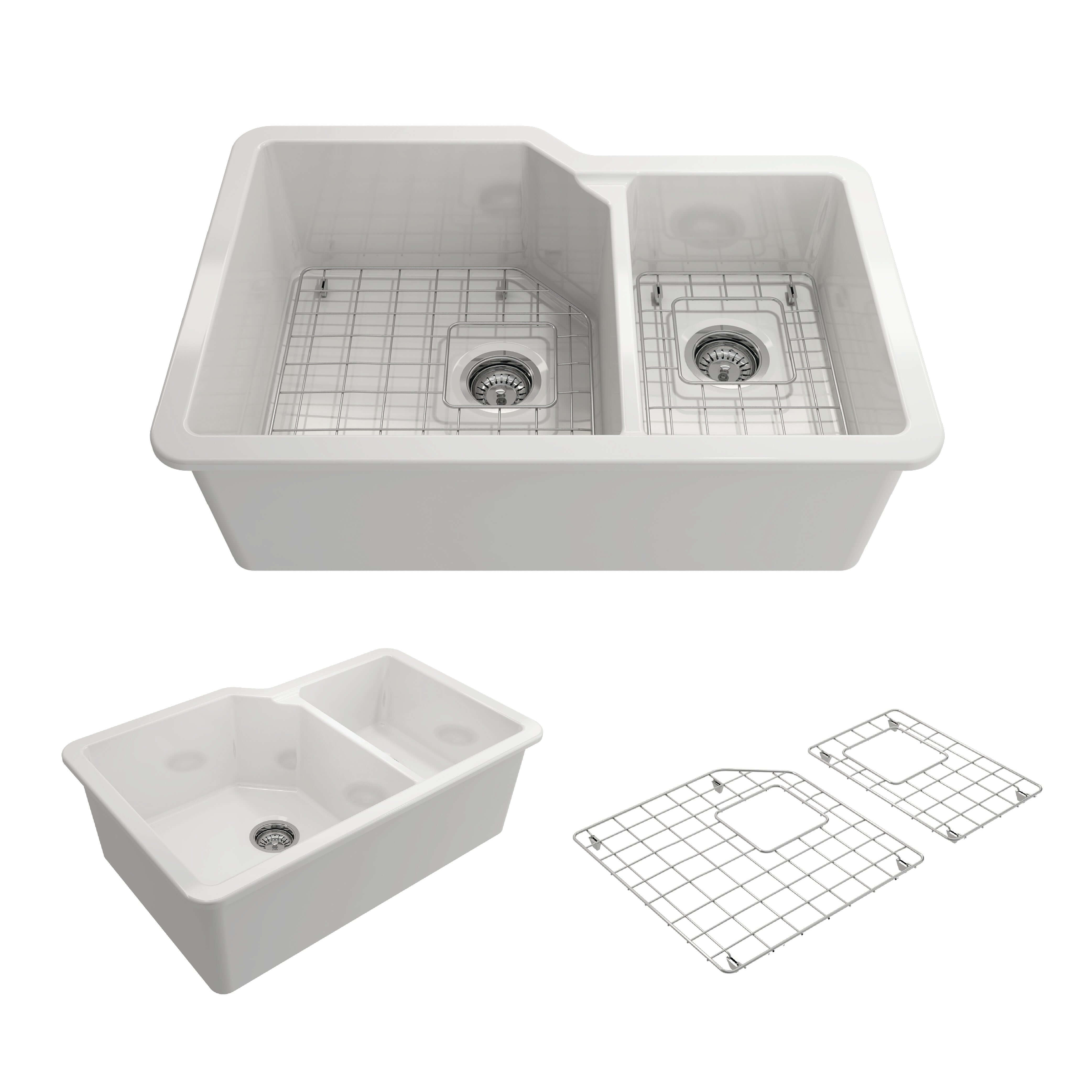 BOCCHI Sotto 33" Dual Mount Fireclay Kitchen Sink with Accessories, 60/40 Double Bowl, White, 1506-001-0120