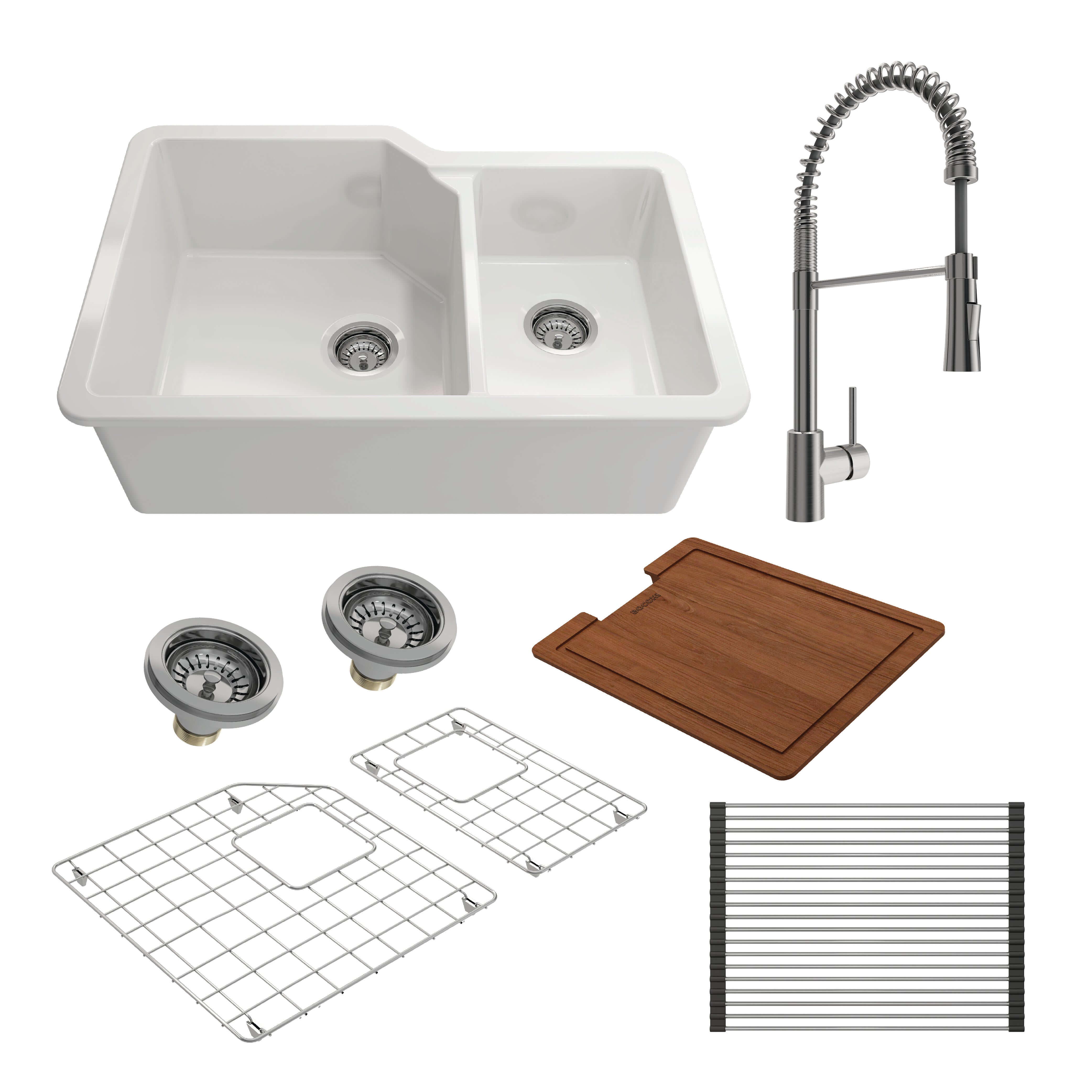 Alternate Image for BOCCHI Sotto 33" White Dual Mount Fireclay Workstation Kitchen Sink Kit with Stainless Steel Faucet, 60/40 Double Bowl, 1506-001-2020SS