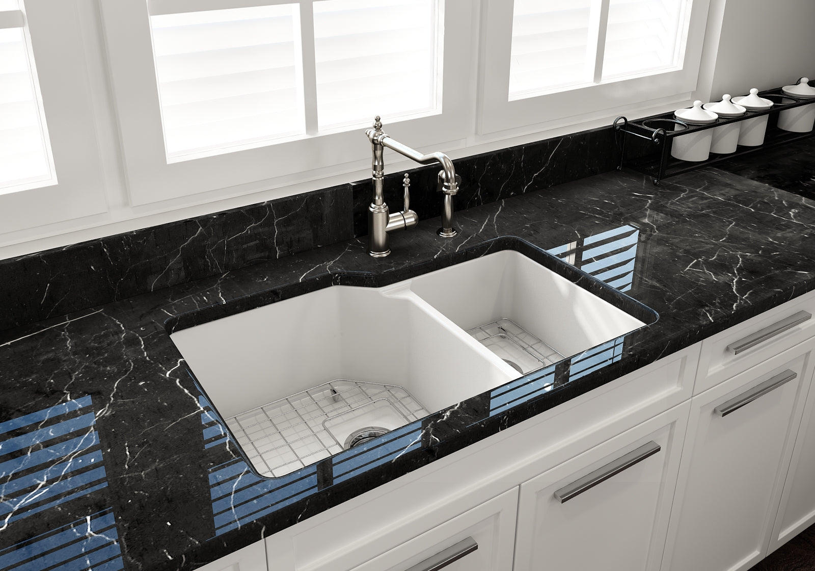 BOCCHI Sotto 33" Dual Mount Fireclay Kitchen Sink with Accessories, 60/40 Double Bowl, Matte White, 1506-002-0120