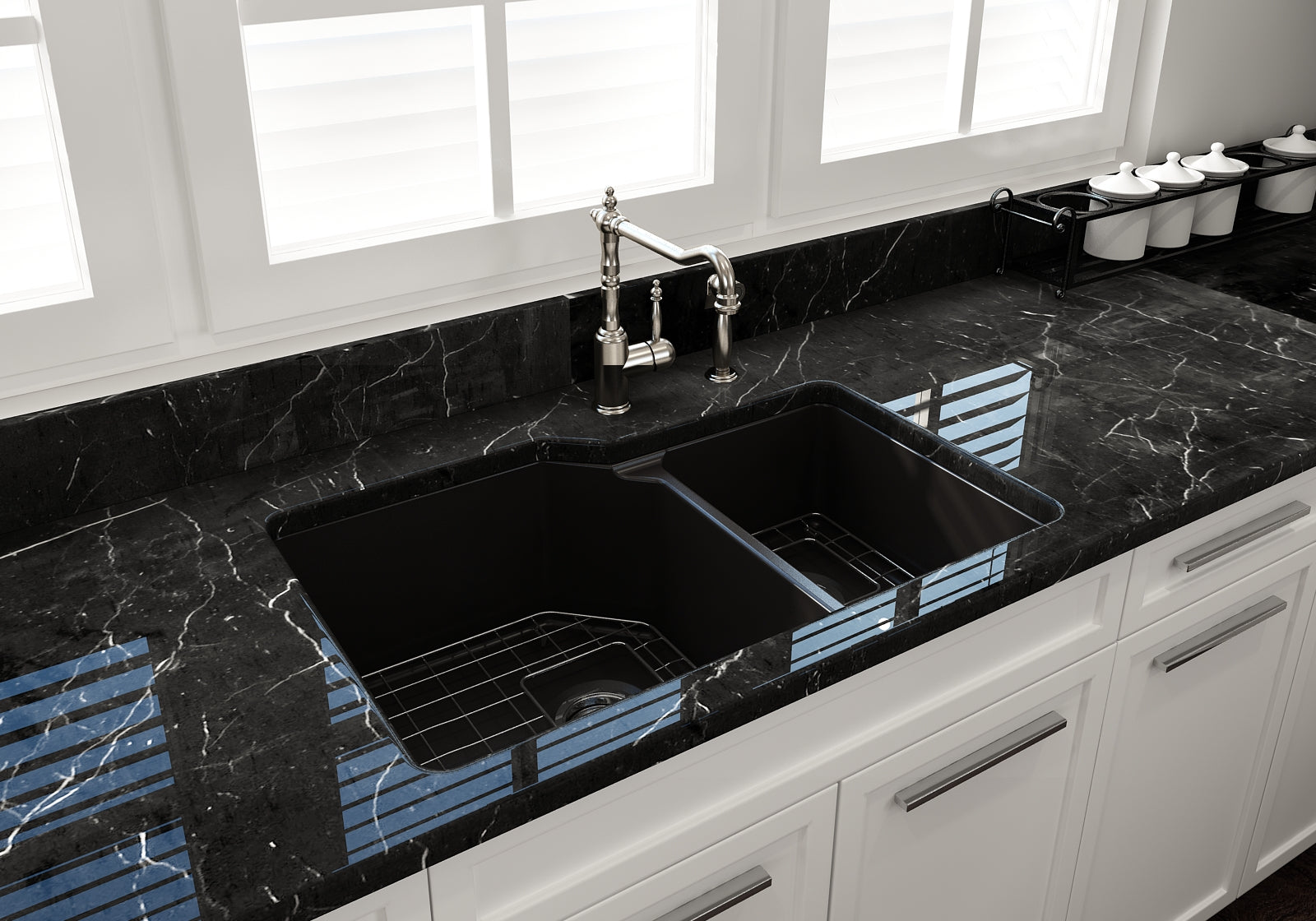 Alternate Image for BOCCHI Sotto 33" Dual Mount Fireclay Kitchen Sink with Accessories, 60/40 Double Bowl, Matte Black, 1506-004-0120