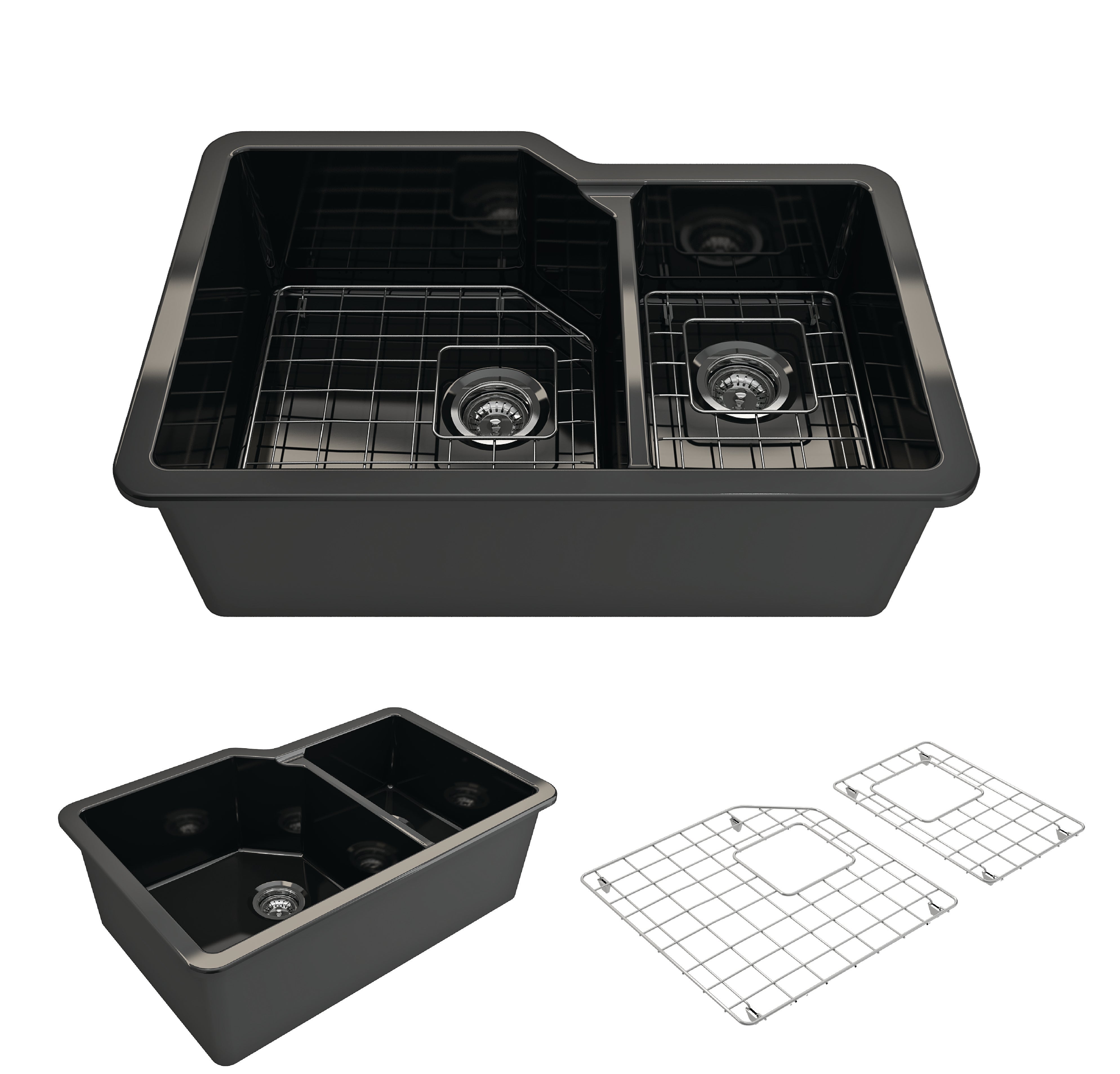 BOCCHI Sotto 33" Dual Mount Fireclay Kitchen Sink with Accessories, 60/40 Double Bowl, Black, 1506-005-0120