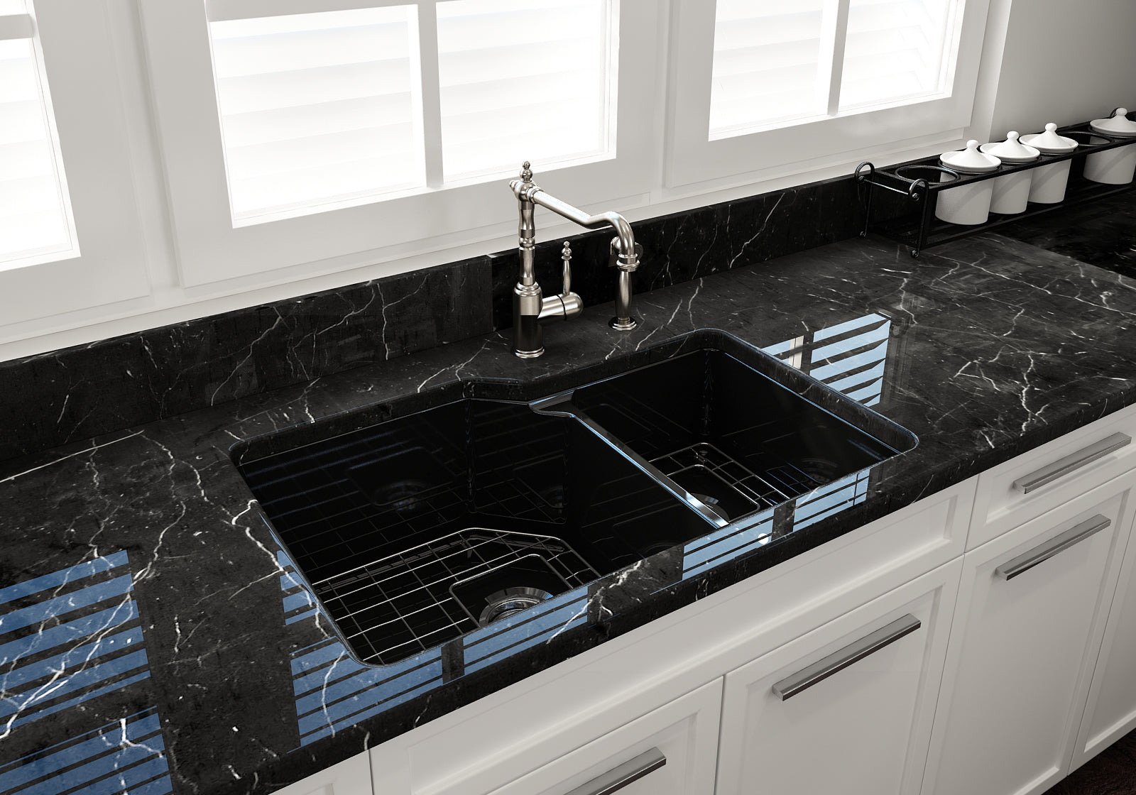 BOCCHI Sotto 33" Dual Mount Fireclay Kitchen Sink with Accessories, 60/40 Double Bowl, Black, 1506-005-0120