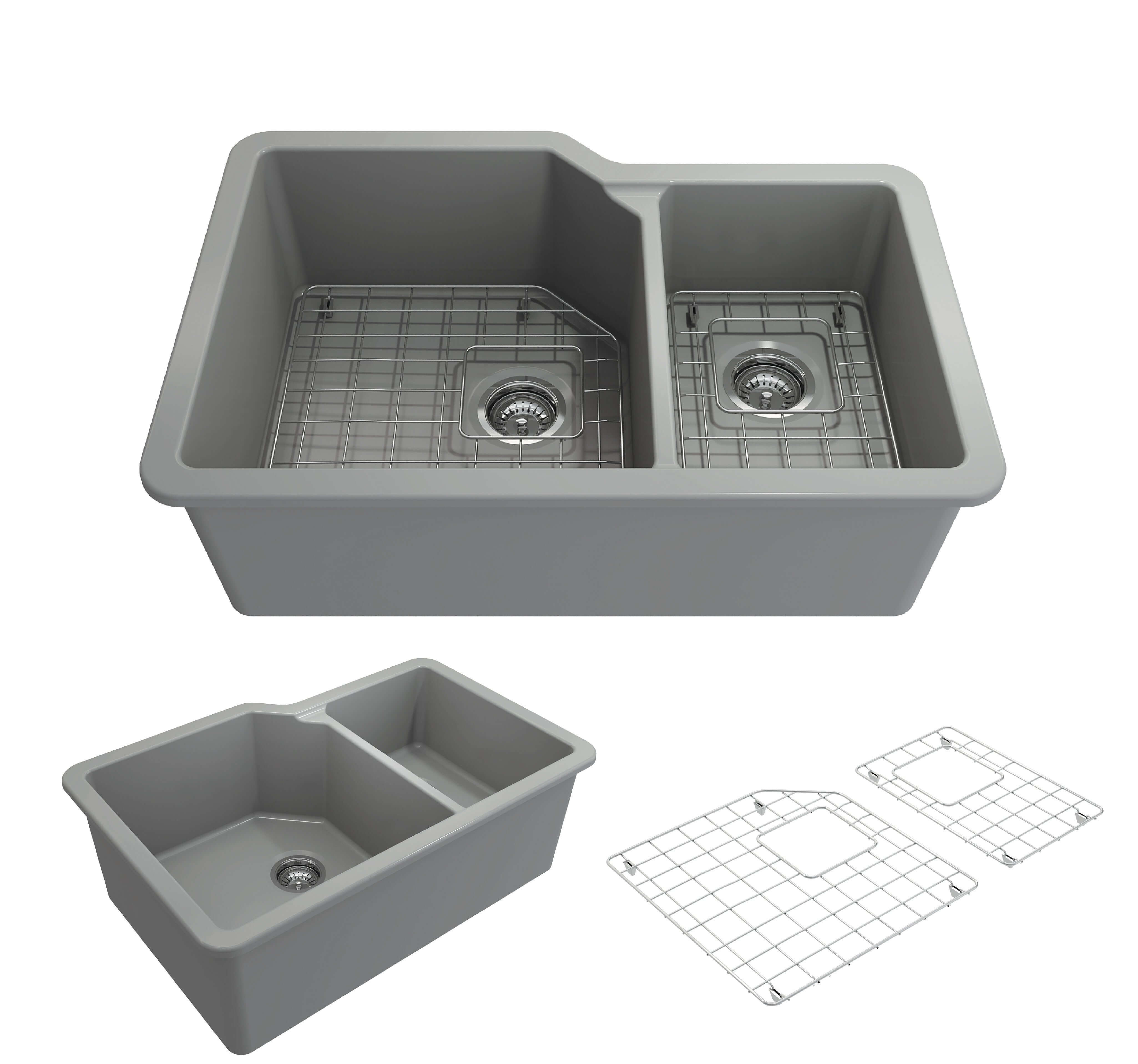 Alternate Image for BOCCHI Sotto 33" Dual Mount Fireclay Kitchen Sink with Accessories, 60/40 Double Bowl, Matte Gray, 1506-006-0120