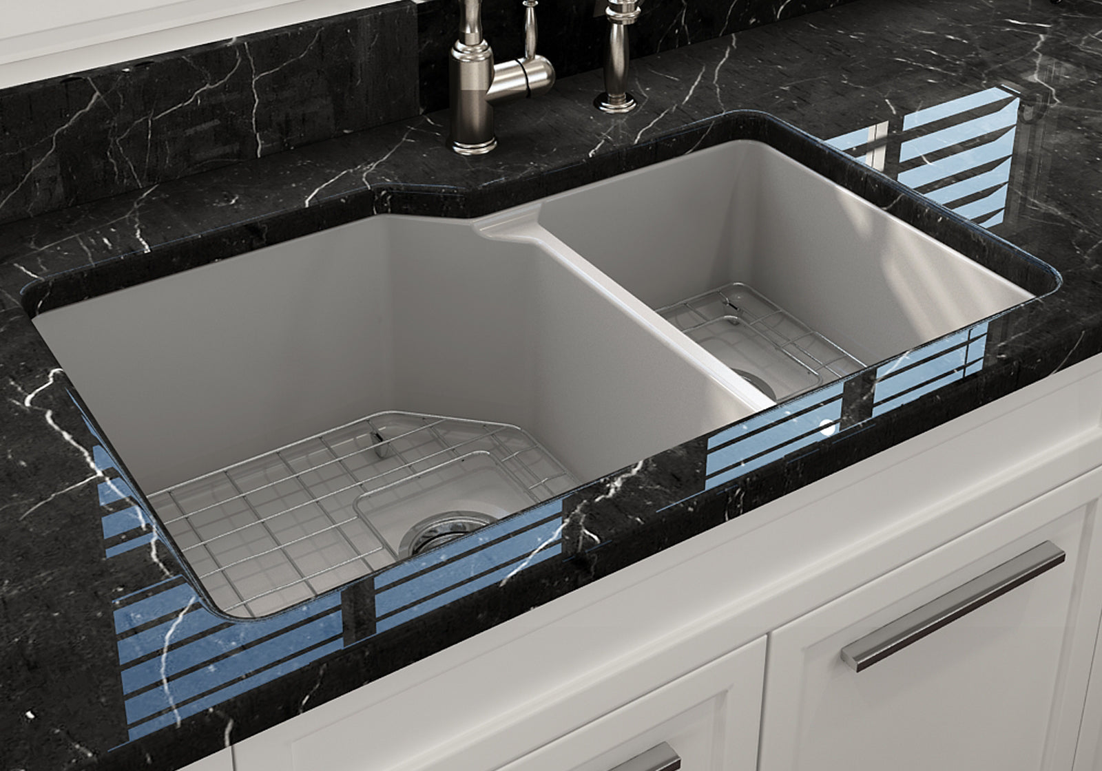 BOCCHI Sotto 33" Dual Mount Fireclay Kitchen Sink with Accessories, 60/40 Double Bowl, Matte Gray, 1506-006-0120