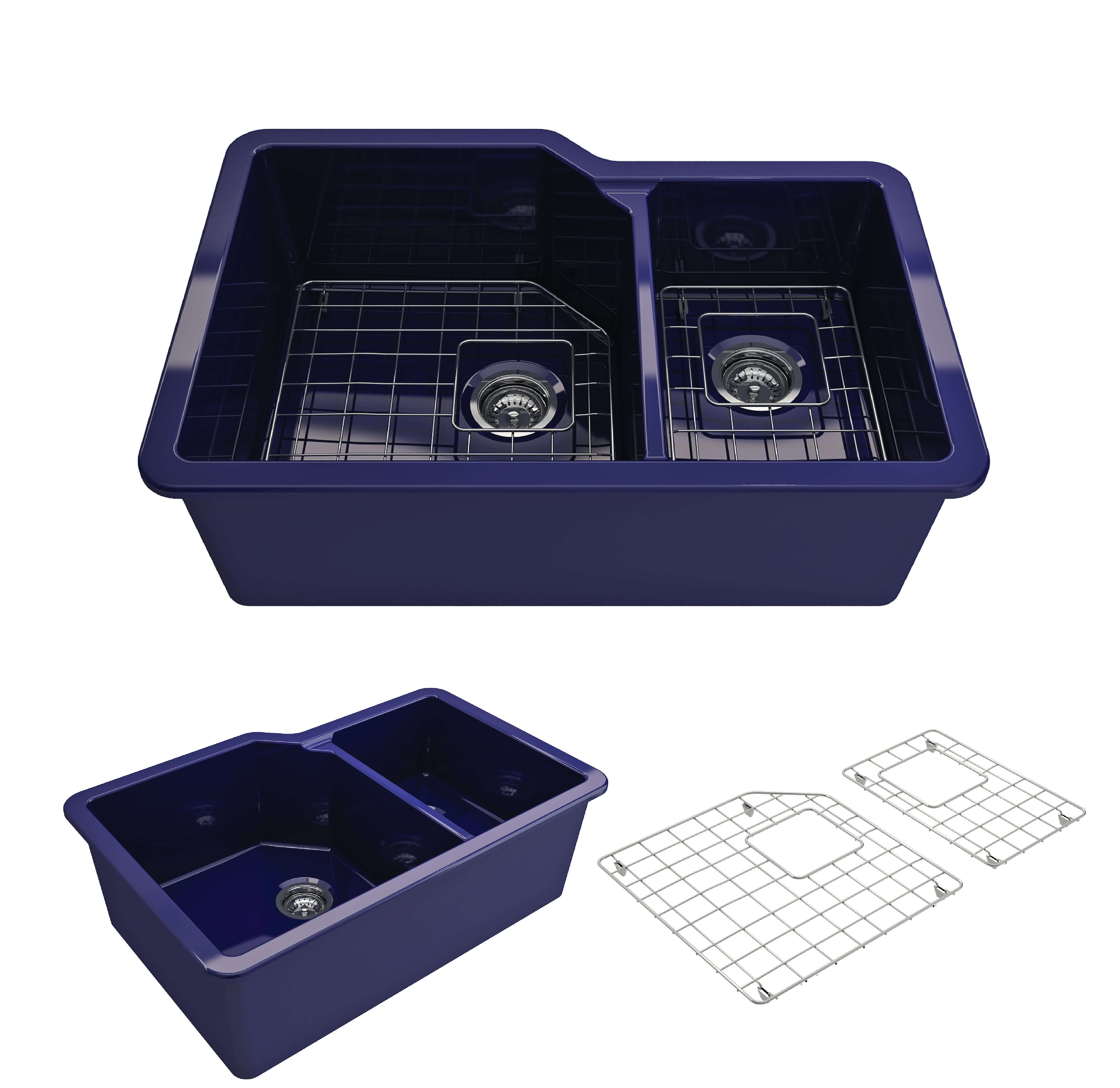 Alternate Image for BOCCHI Sotto 33" Dual Mount Fireclay Kitchen Sink with Accessories, 60/40 Double Bowl, Sapphire Blue, 1506-010-0120