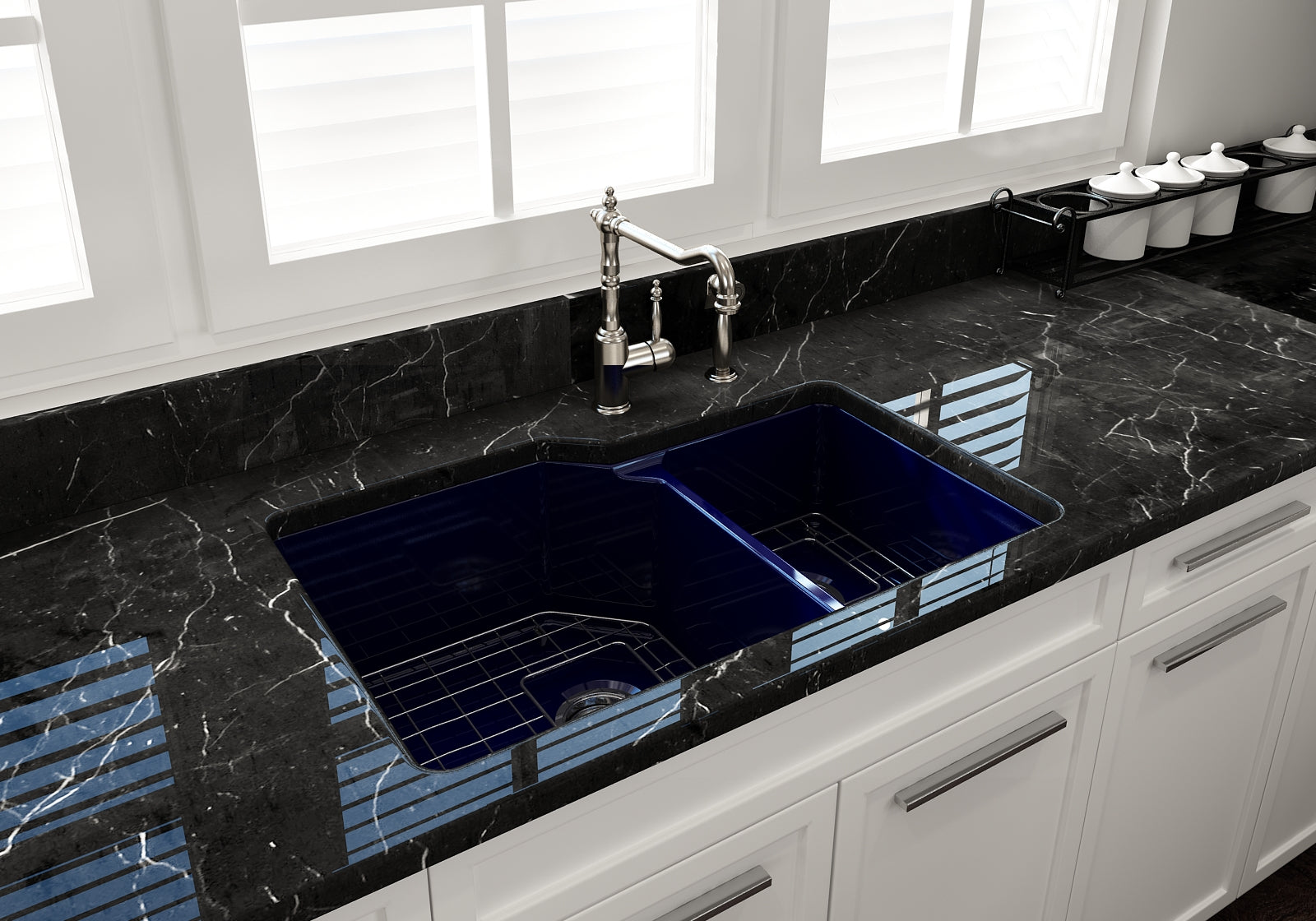 BOCCHI Sotto 33" Dual Mount Fireclay Kitchen Sink with Accessories, 60/40 Double Bowl, Sapphire Blue, 1506-010-0120