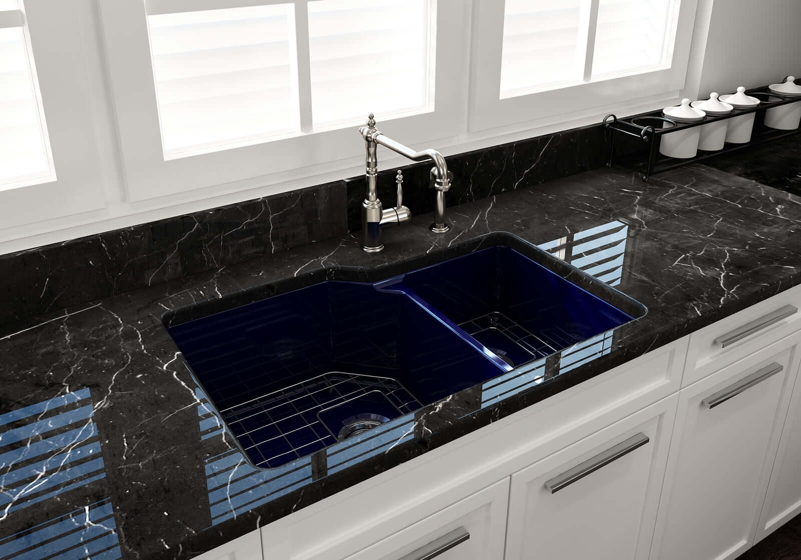 Alternate Image for BOCCHI Sotto 33" Dual Mount Fireclay Kitchen Sink with Accessories, 60/40 Double Bowl, Sapphire Blue, 1506-010-0120