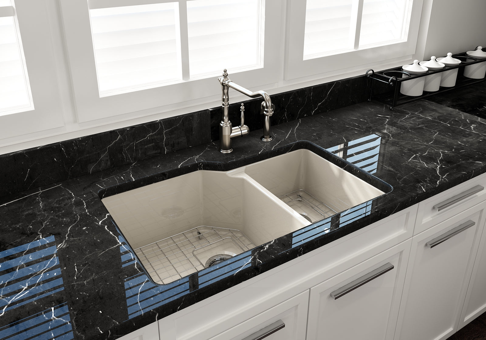 BOCCHI Sotto 33" Dual Mount Fireclay Kitchen Sink with Accessories, 60/40 Double Bowl, Biscuit, 1506-014-0120
