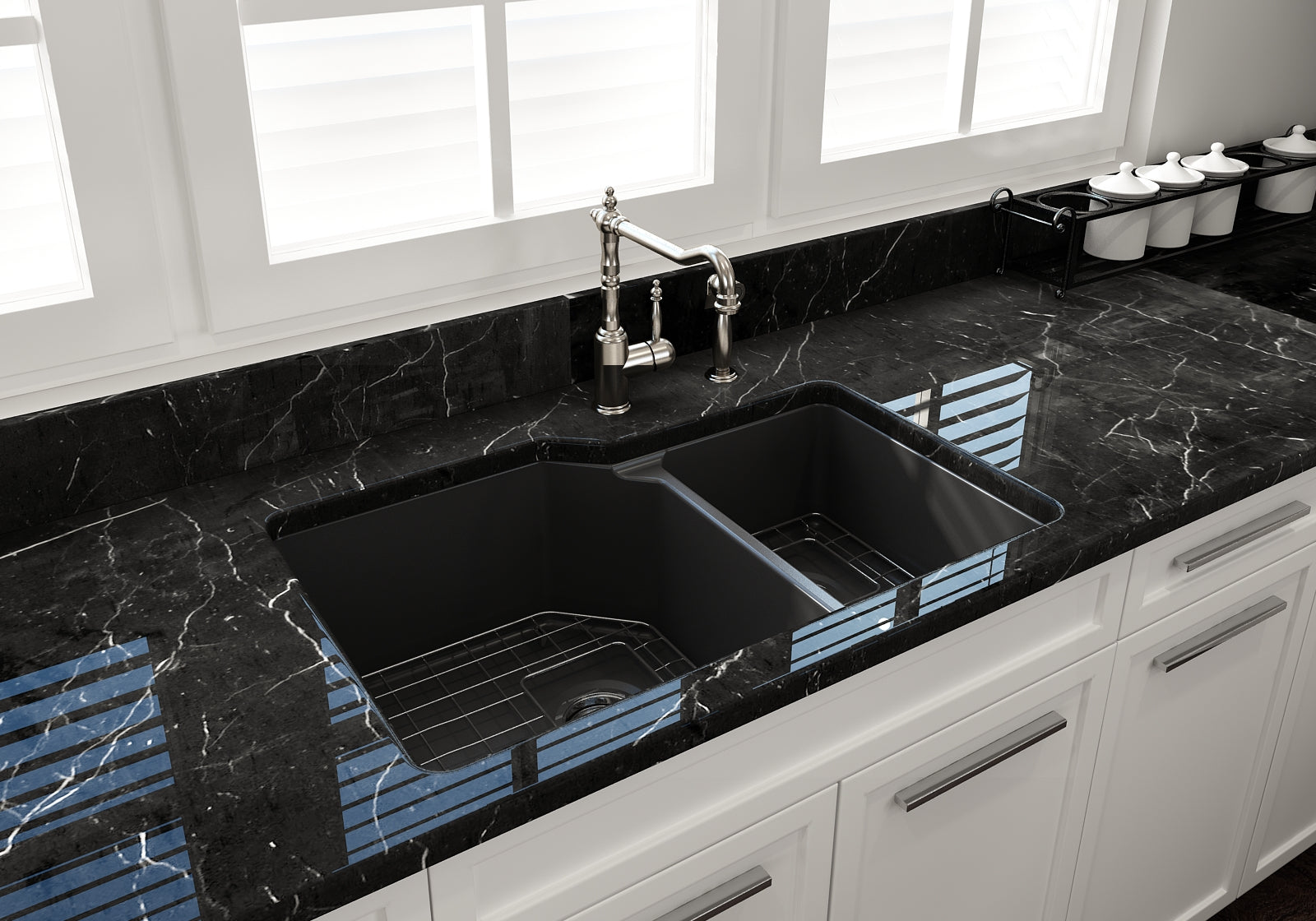 BOCCHI Sotto 33" Dual Mount Fireclay Kitchen Sink with Accessories, 60/40 Double Bowl, Matte Dark Gray, 1506-020-0120