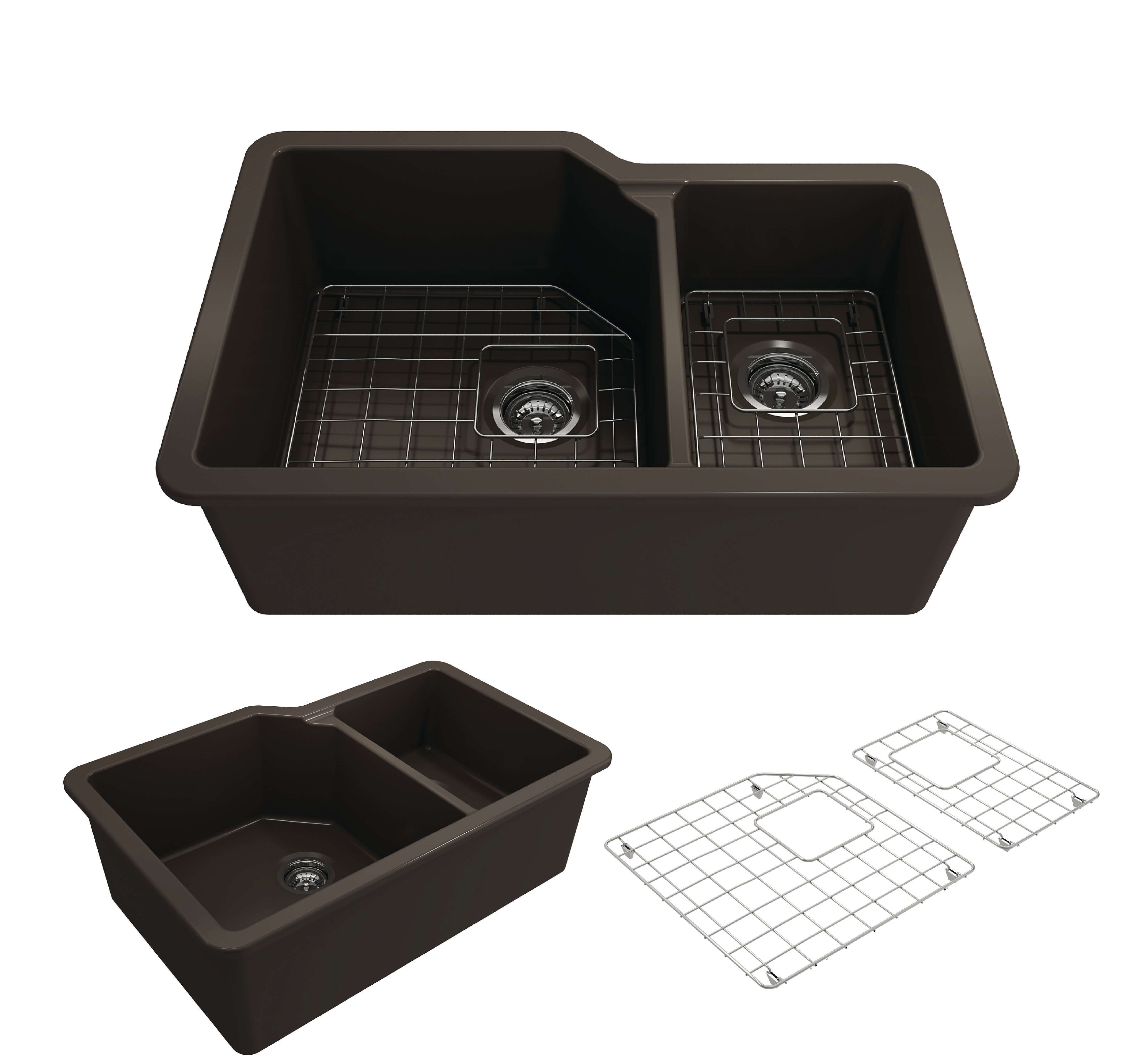Alternate Image for BOCCHI Sotto 33" Dual Mount Fireclay Kitchen Sink with Accessories, 60/40 Double Bowl, Matte Brown, 1506-025-0120