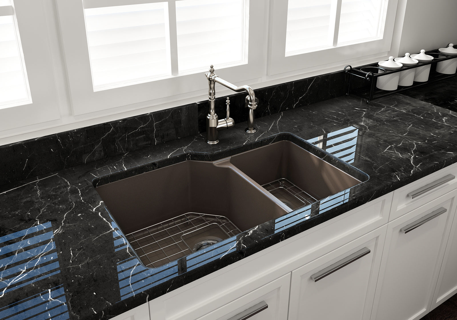 BOCCHI Sotto 33" Dual Mount Fireclay Kitchen Sink with Accessories, 60/40 Double Bowl, Matte Brown, 1506-025-0120