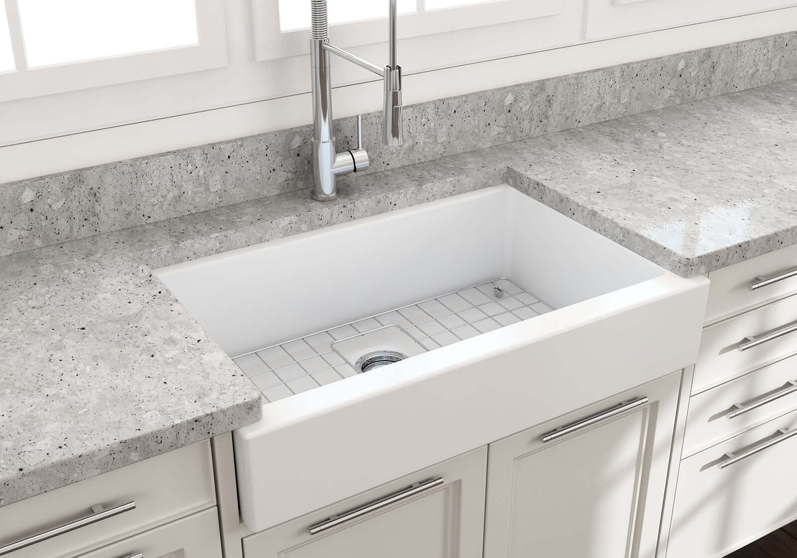 BOCCHI Nuova 34" Fireclay Retrofit Farmhouse Sink with Accessories, Matte White, 1551-002-0120