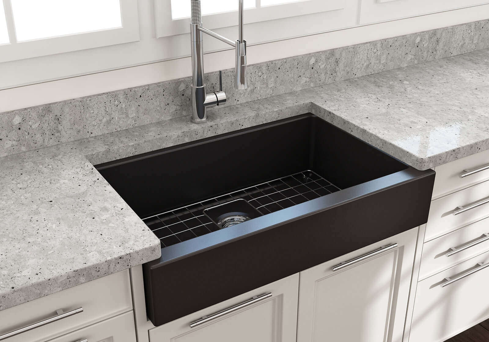 BOCCHI Nuova 34" Fireclay Retrofit Farmhouse Sink with Accessories, Matte Black, 1551-004-0120