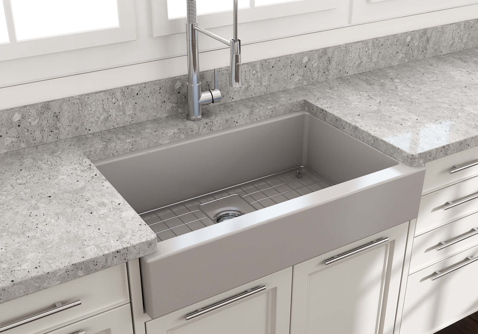 BOCCHI Nuova 34" Fireclay Retrofit Farmhouse Sink with Accessories, Matte Gray, 1551-006-0120