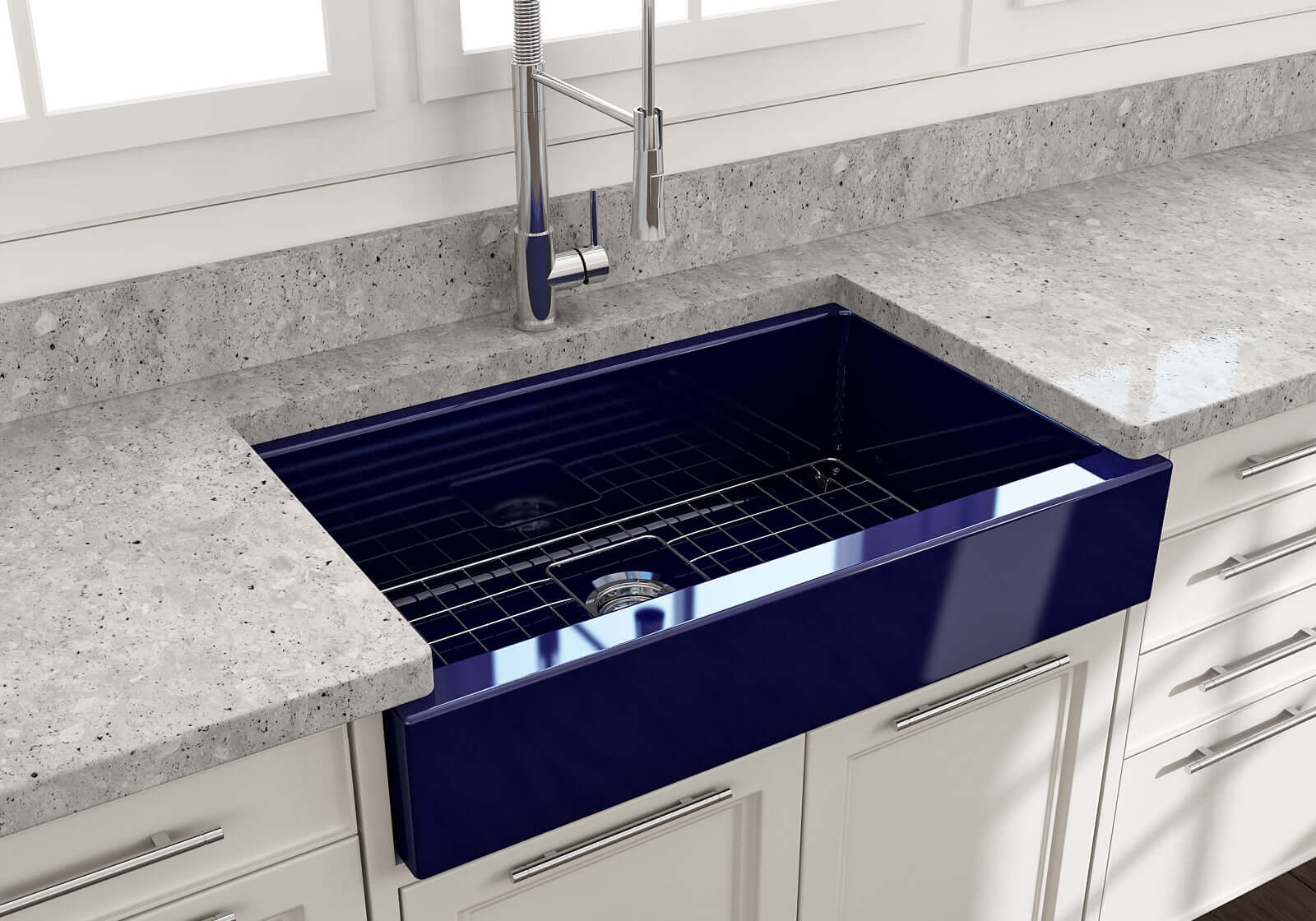 BOCCHI Nuova 34" Fireclay Retrofit Farmhouse Sink with Accessories, Sapphire Blue, 1551-010-0120