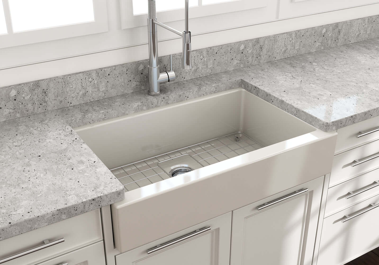 BOCCHI Nuova 34" Fireclay Retrofit Farmhouse Sink with Accessories, Biscuit, 1551-014-0120