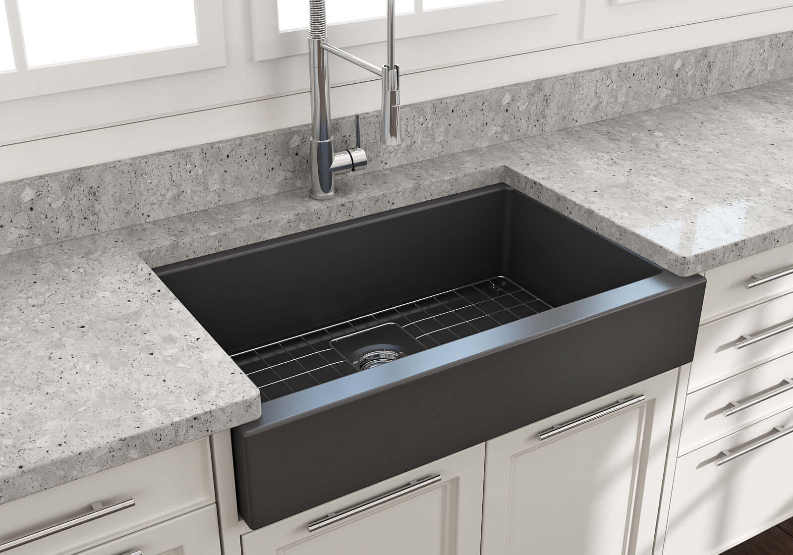 BOCCHI Nuova 34" Fireclay Retrofit Farmhouse Sink with Accessories, Matte Dark Gray, 1551-020-0120