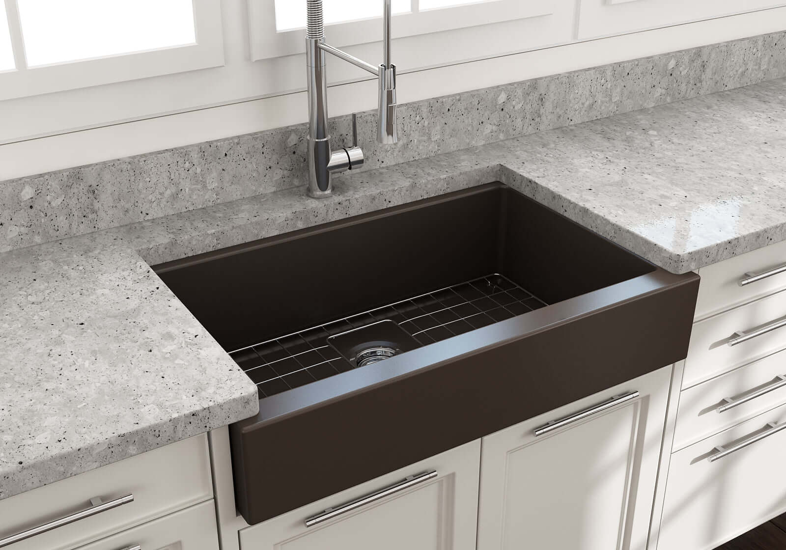 BOCCHI Nuova 34" Fireclay Retrofit Farmhouse Sink with Accessories, Matte Brown, 1551-025-0120