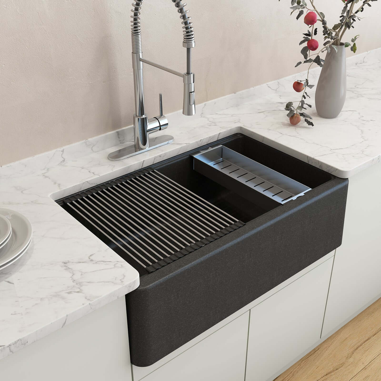 BOCCHI Arona 33" Composite Granite Workstation Farmhouse Sink with Accessories, Metallic Black, 1600-505-0120