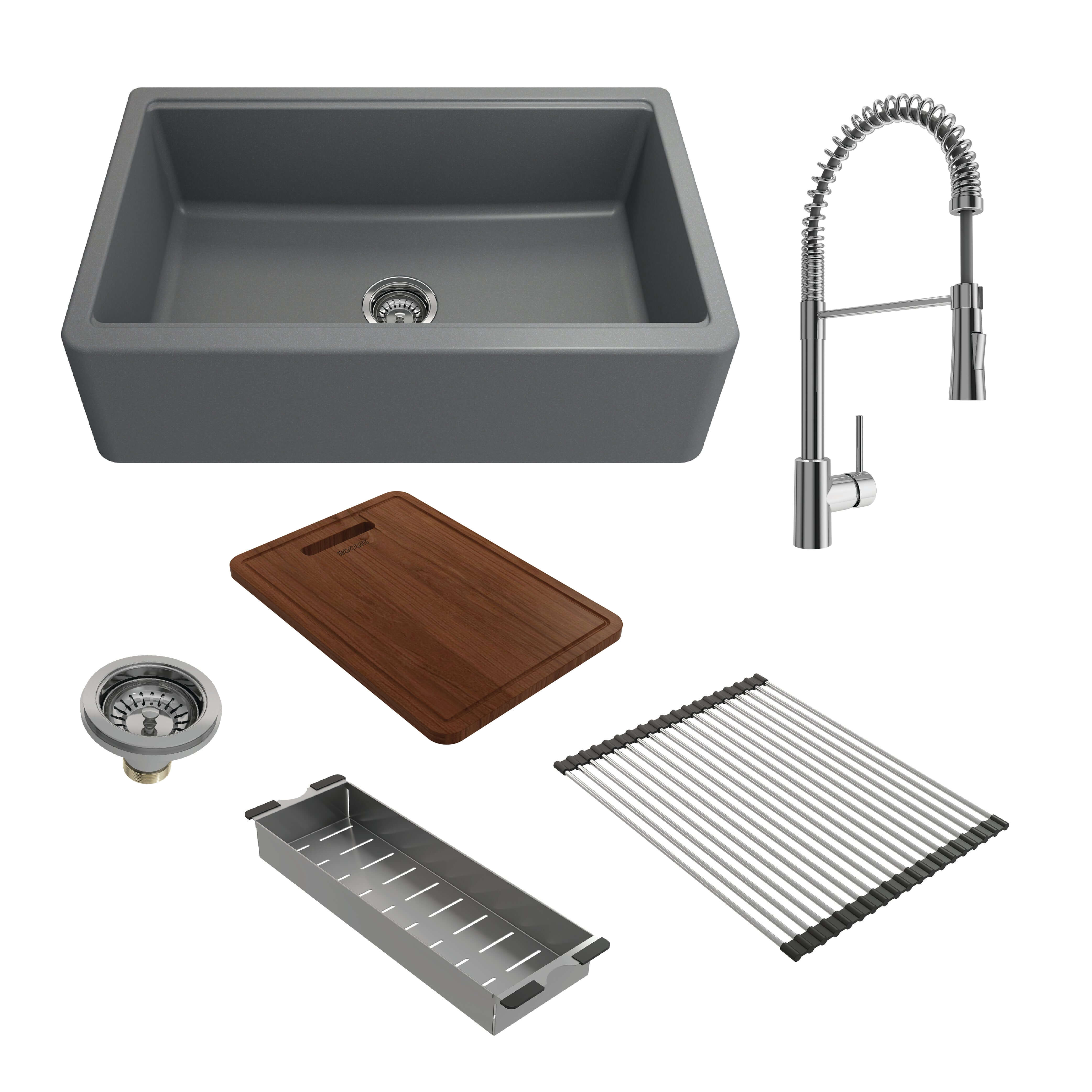 Alternate Image for BOCCHI Arona 33" Granite Workstation Farmhouse Sink Kit with Faucet and Accessories, Concrete Gray (sink) / Chrome (faucet), 1600-506-2020CH