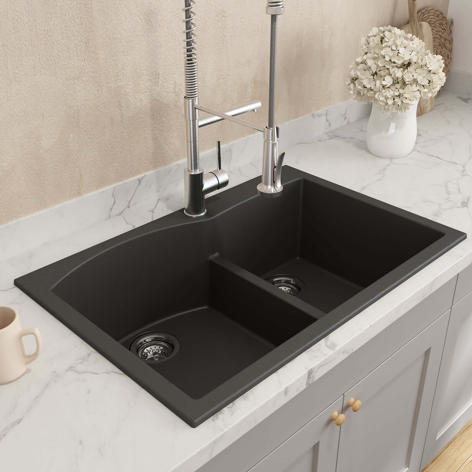 Alternate Image for BOCCHI Campino Duo 33" Dual Mount Composite Granite Kitchen Sink, 60/40 Double Bowl, Matte Black, 1602-504-0126
